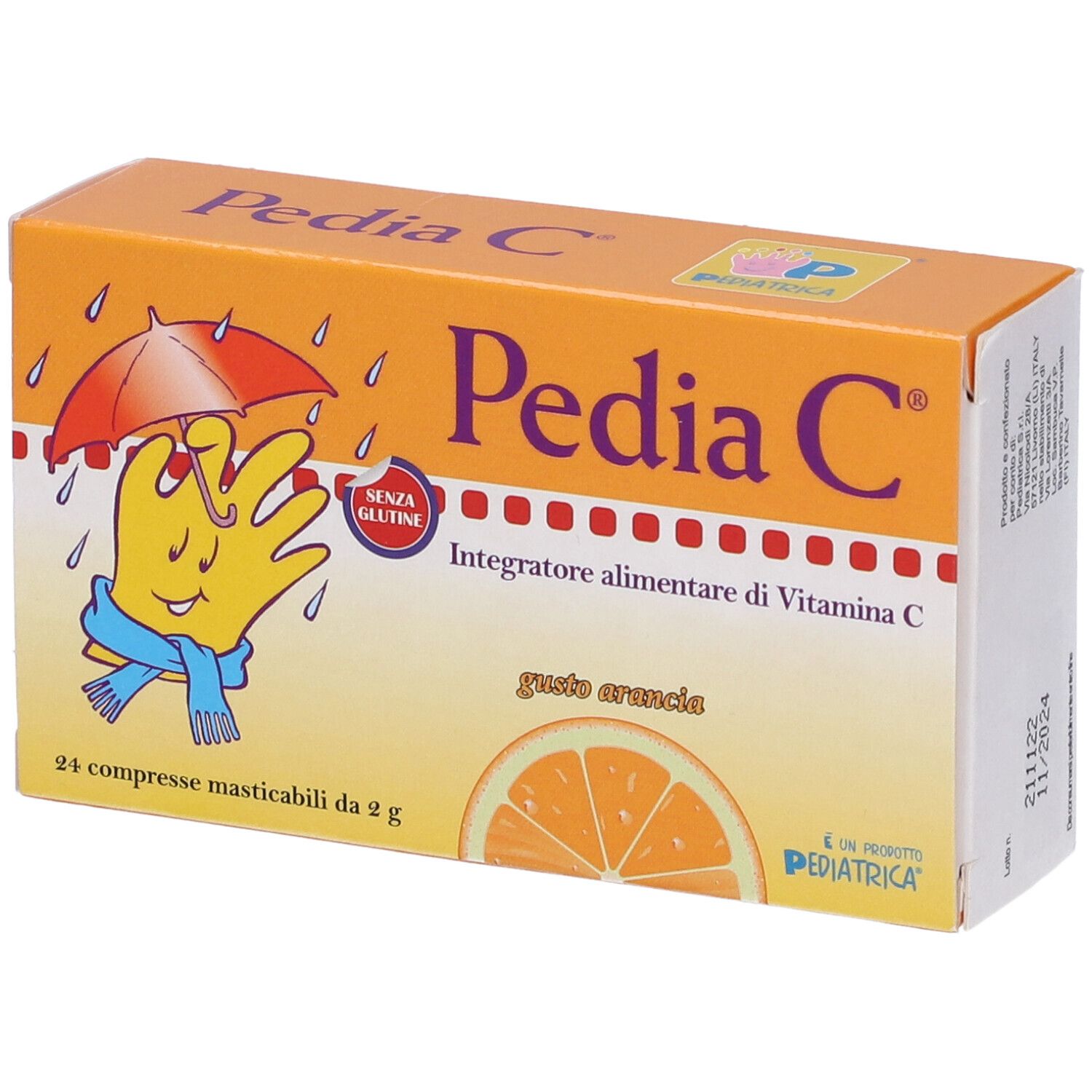 Confezione Pedia C. Scatola arancione con nome e illustrazione del prodotto. Contiene 24 compresse masticabili. Senza glutine.