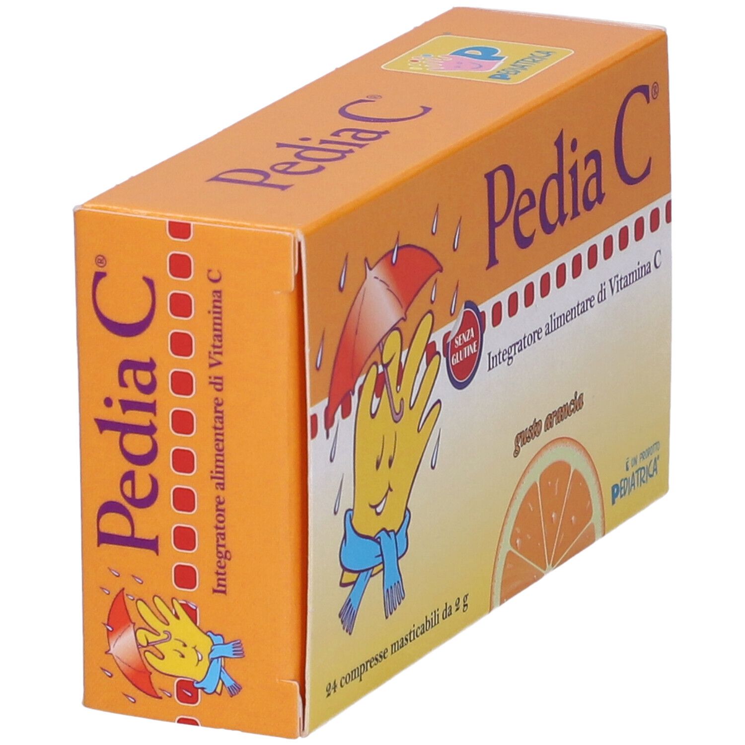 Confezione Pedia C. Scatola arancione con nome e illustrazione del prodotto. Contiene 24 compresse masticabili. Senza glutine.