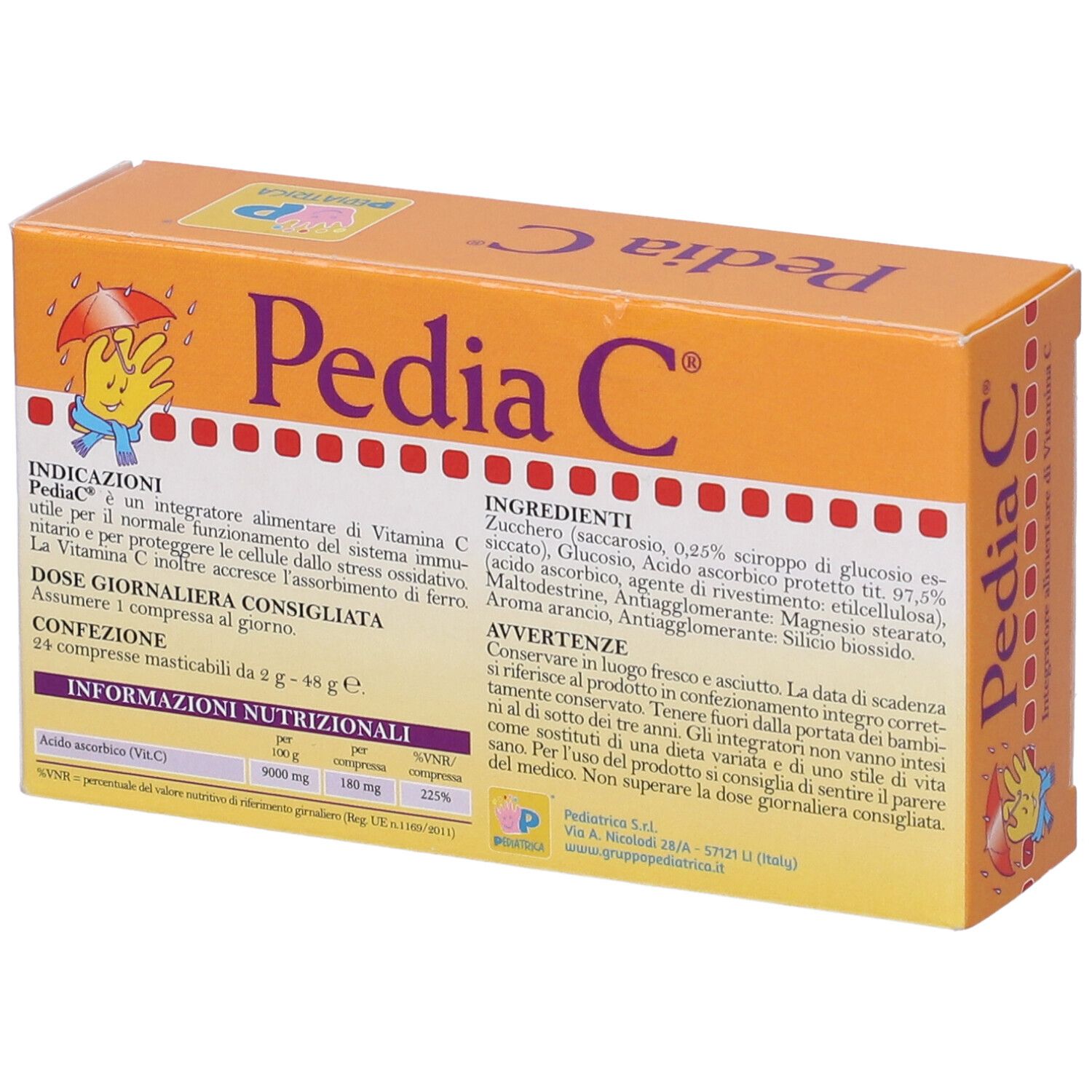 Confezione Pedia C. Scatola arancione con nome e illustrazione del prodotto. Contiene 24 compresse masticabili. Senza glutine.