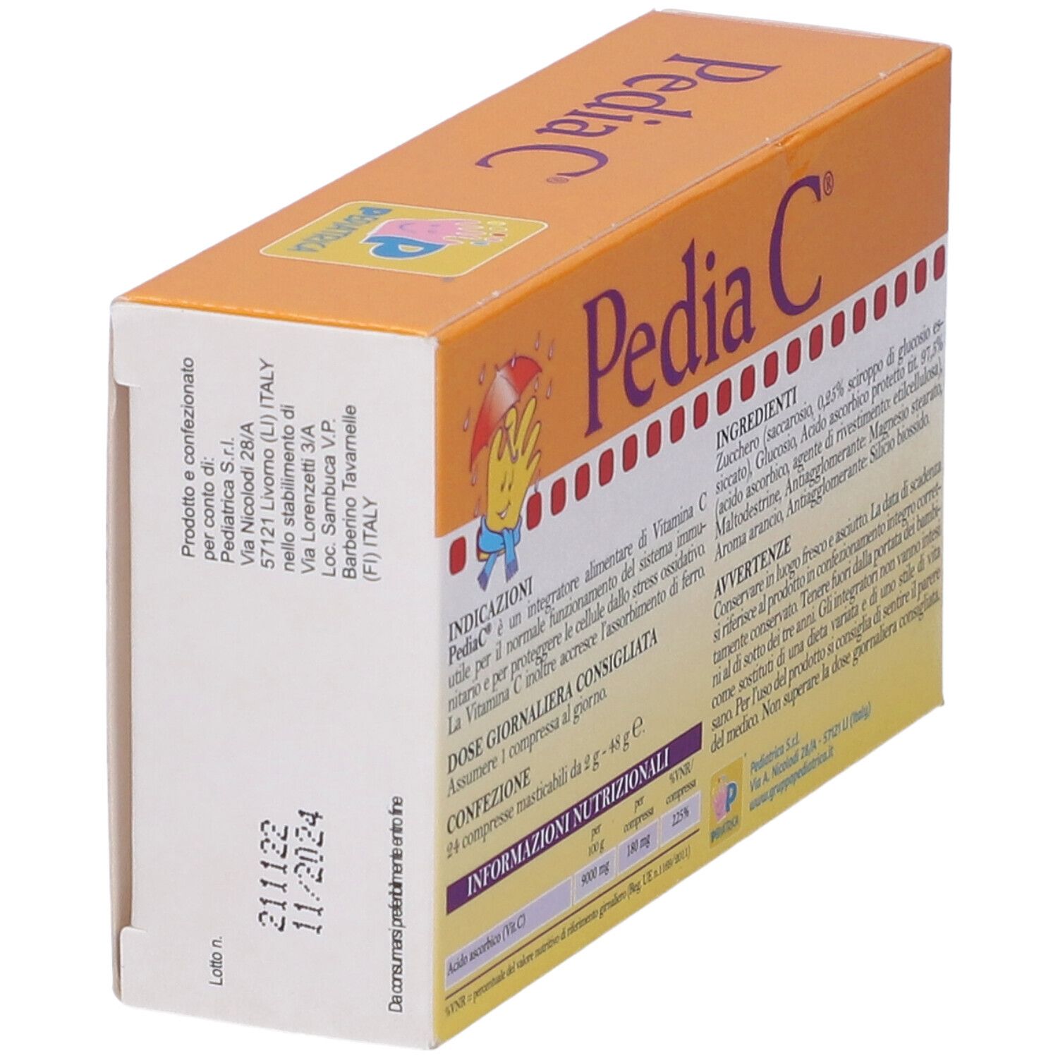 Confezione Pedia C. Scatola arancione con nome e illustrazione del prodotto. Contiene 24 compresse masticabili. Senza glutine.
