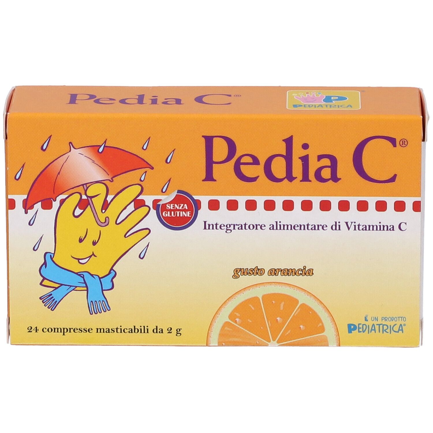 Confezione Pedia C. Scatola arancione con nome e illustrazione del prodotto. Contiene 24 compresse masticabili. Senza glutine.