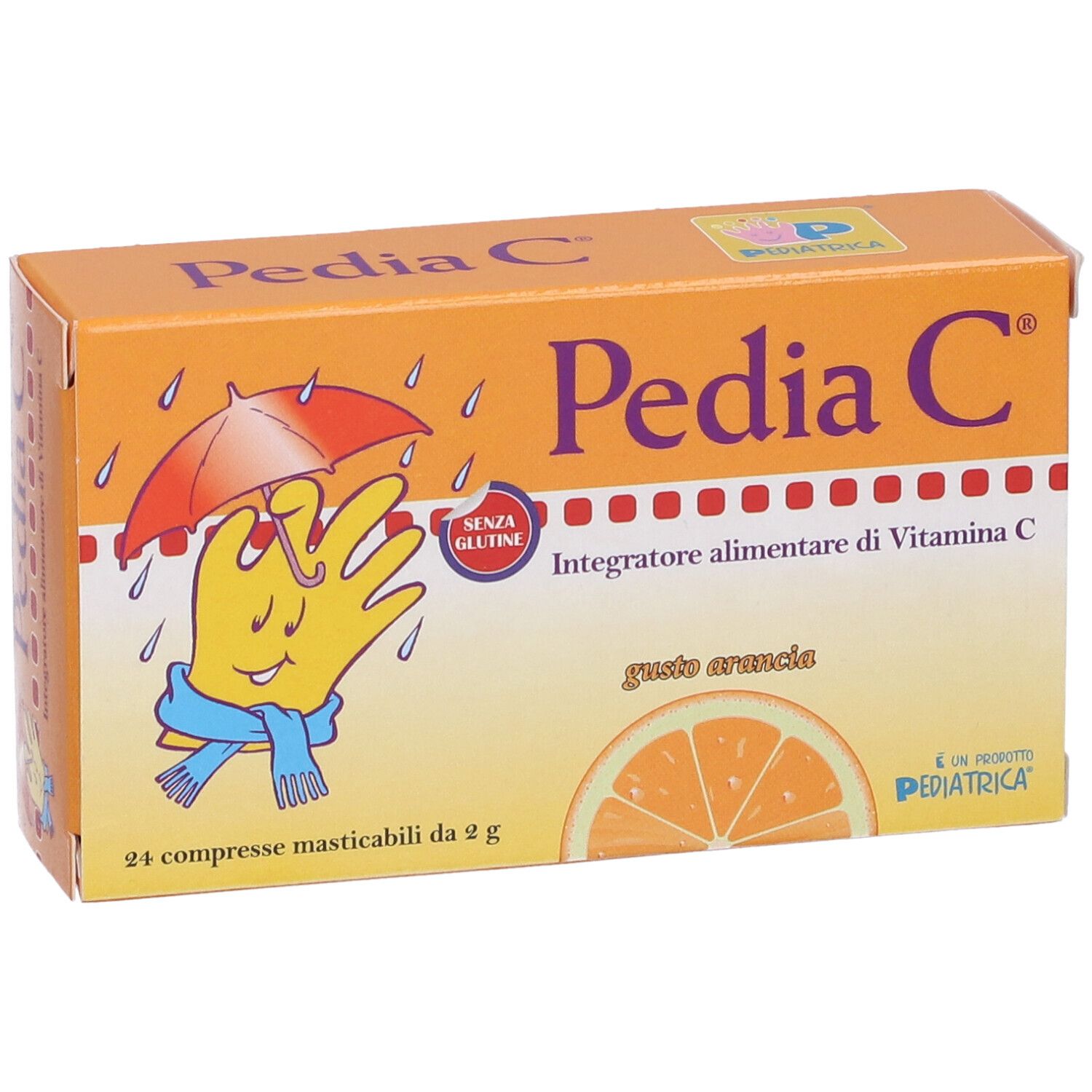 Confezione Pedia C. Scatola arancione con nome e illustrazione del prodotto. Contiene 24 compresse masticabili. Senza glutine.