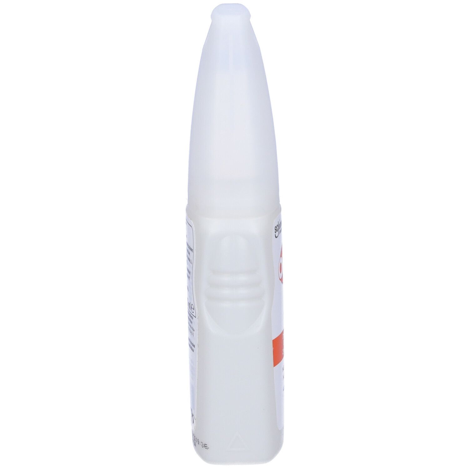 Flacone bianco, vista posteriore. Testo: 100 ml, avvertenze, codice a barre.