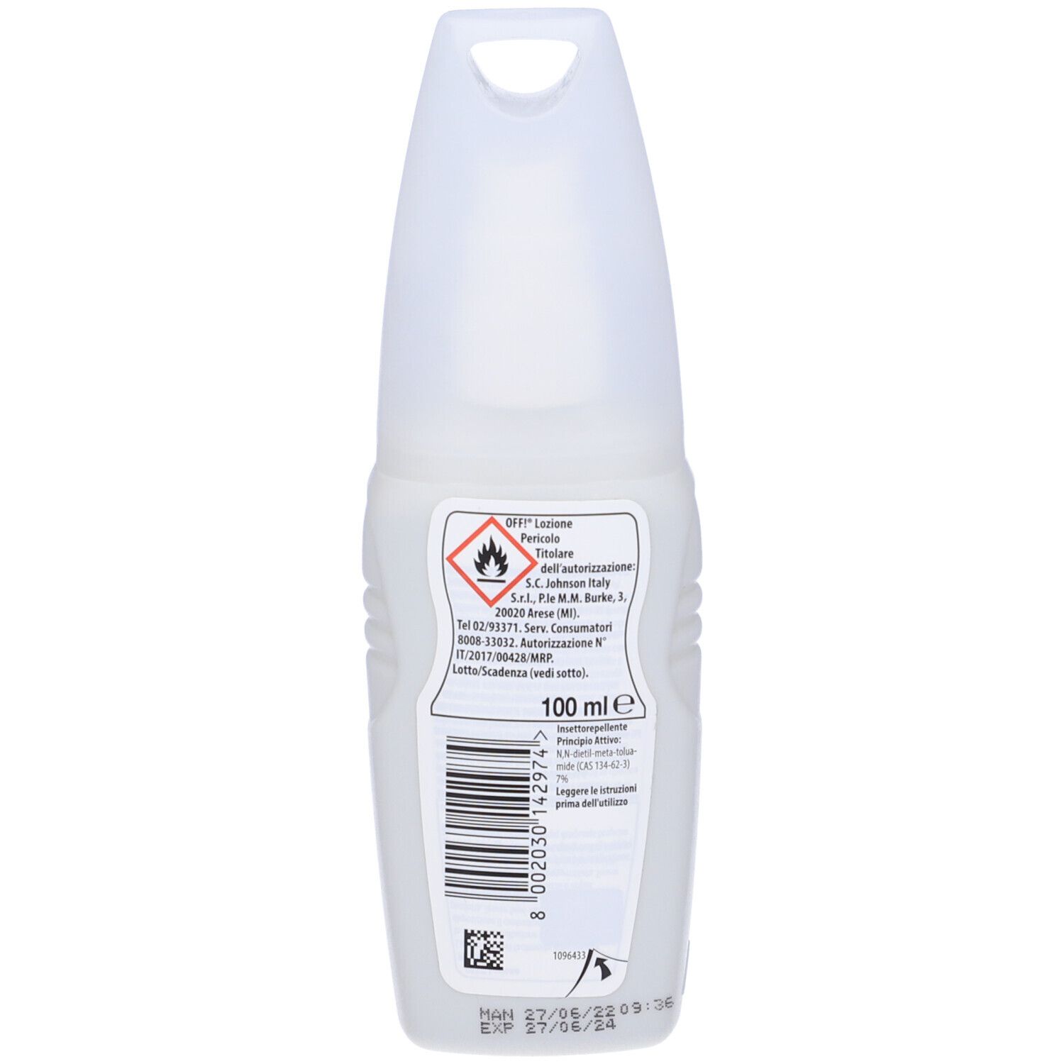 Flacone bianco con etichetta arancione. Testo: OFF!, difende dalle zanzare.