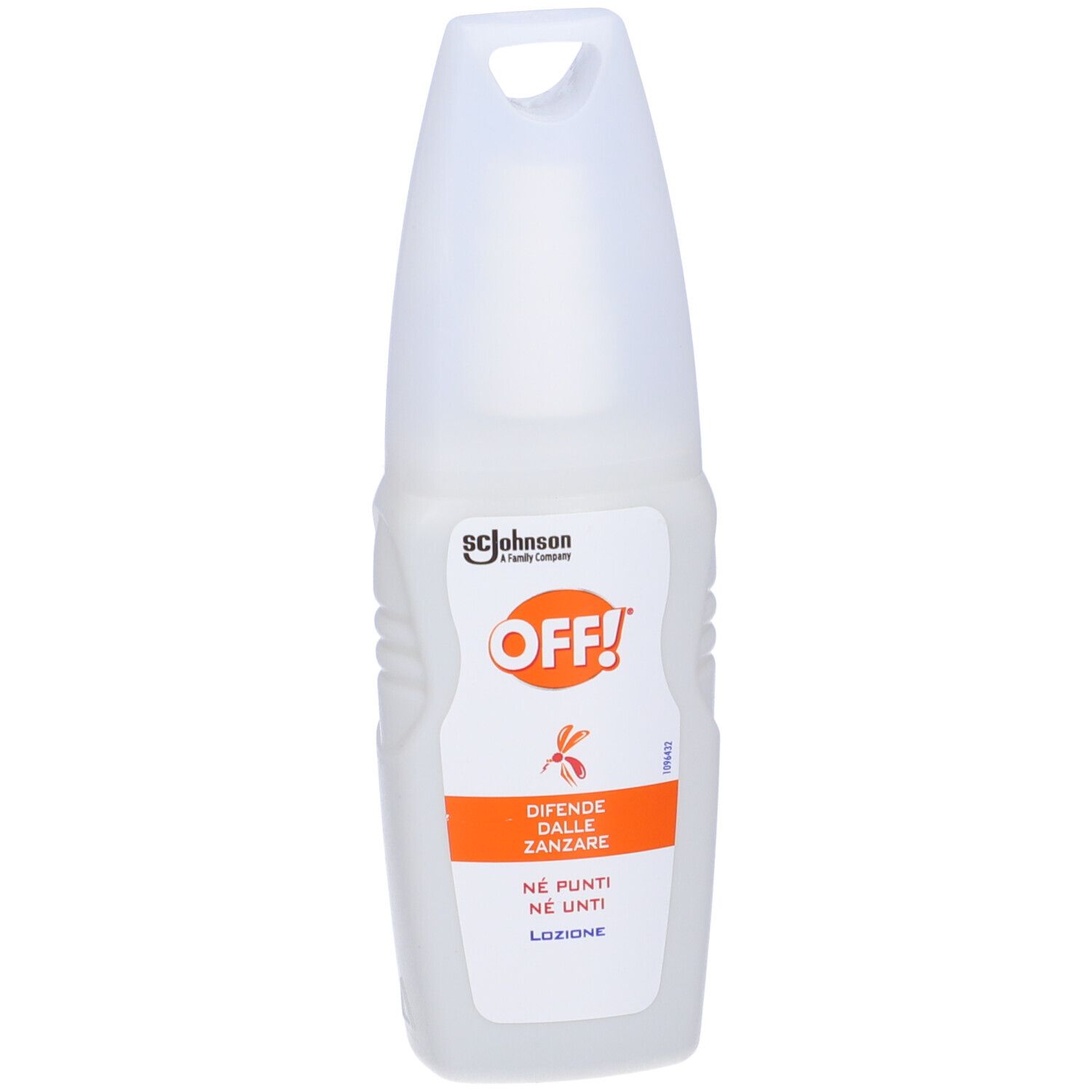 Flacone bianco con etichetta arancione. Testo: OFF!, difende dalle zanzare.