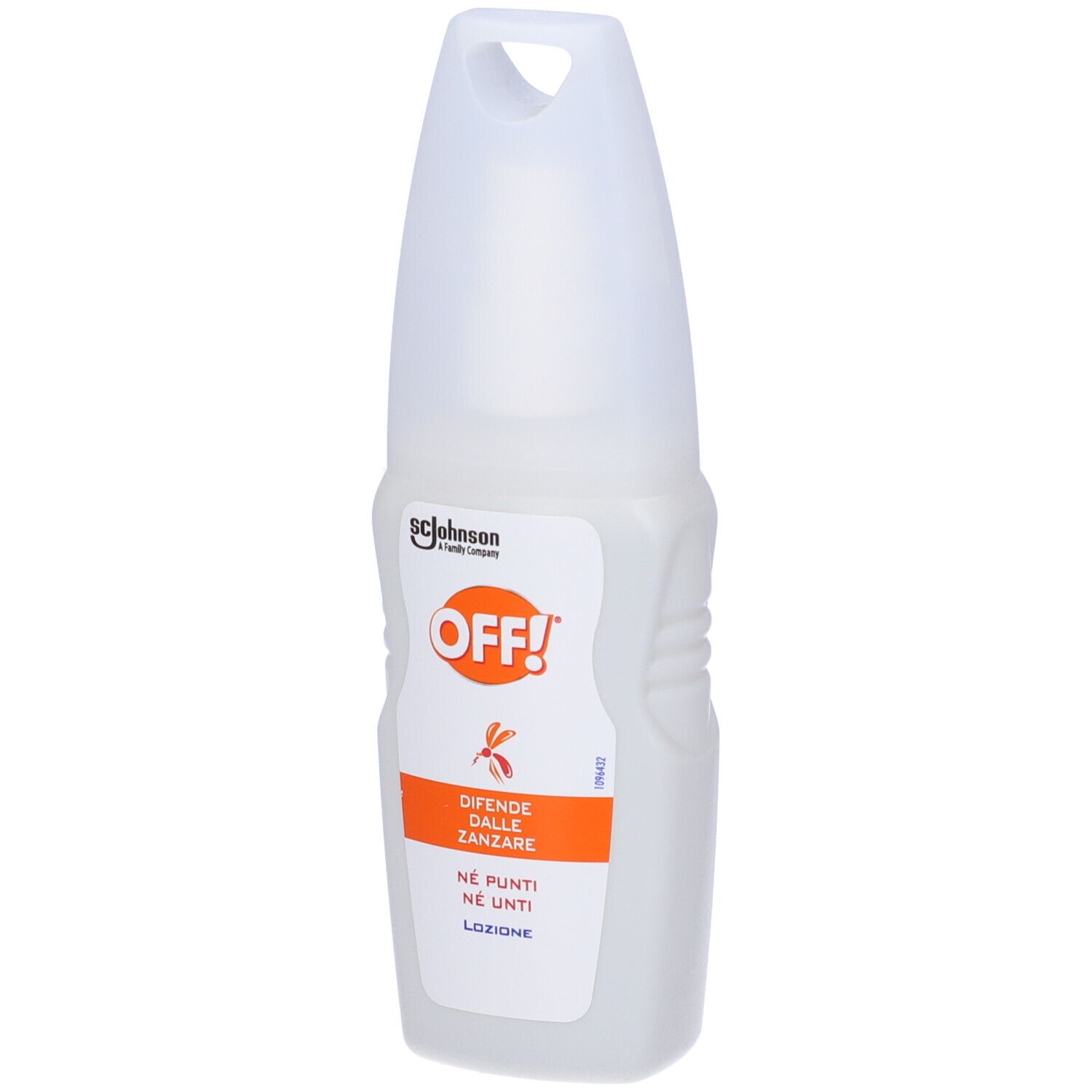 Flacone bianco con etichetta arancione. Testo: OFF!, difende dalle zanzare.