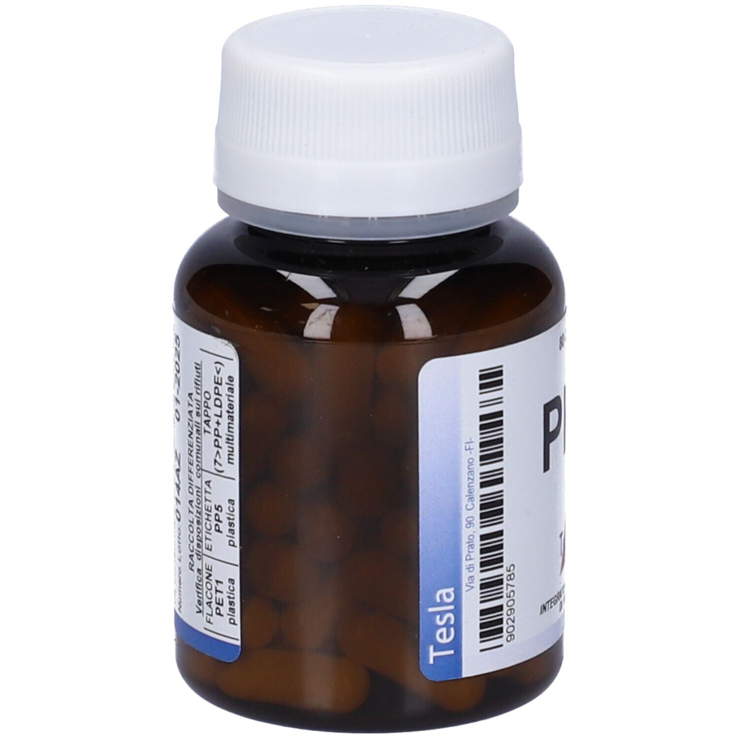 Flacone marrone con capsule bianche. Scritta: Tesla. Informazioni sull'imballaggio. Contenuto: capsule.