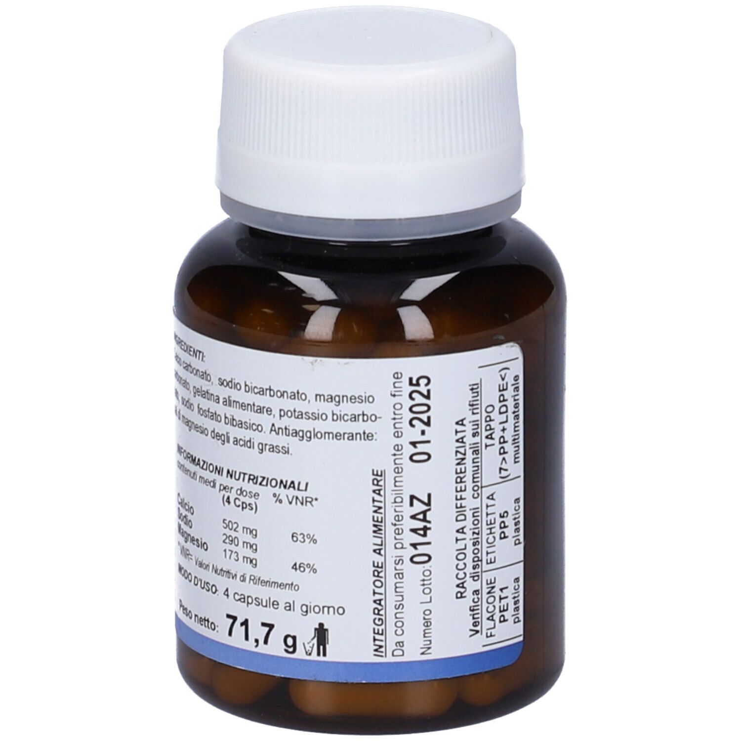 Flacone marrone con capsule bianche. Scritta: 71,7 g, ingredienti, informazioni nutrizionali. Contenuto: capsule.