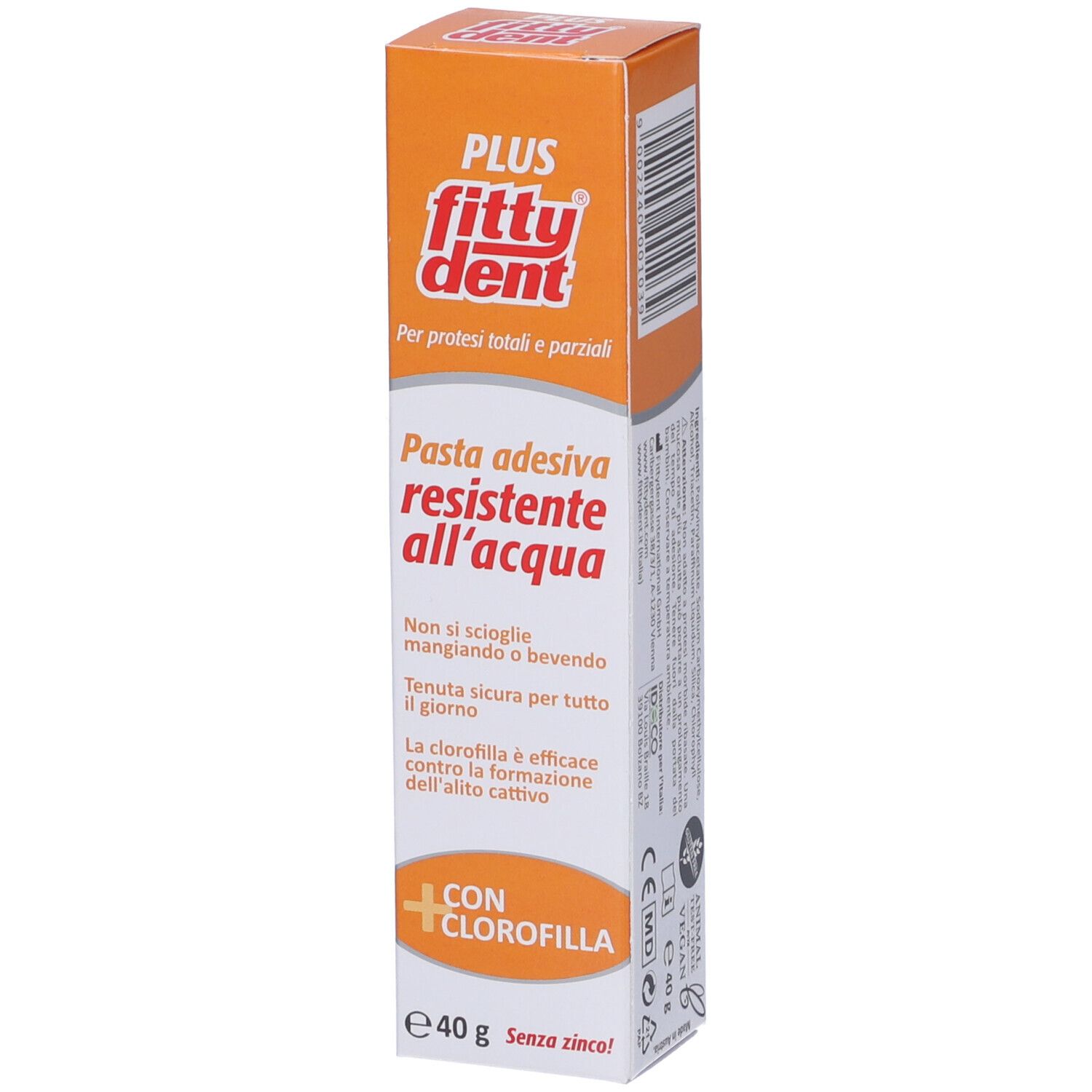 Fitty Dent Plus Pasta Adesiva per protesi. Confezione arancione e bianca. Testo: Pasta adesiva resistente all'acqua. Con Clorofilla. 40g.