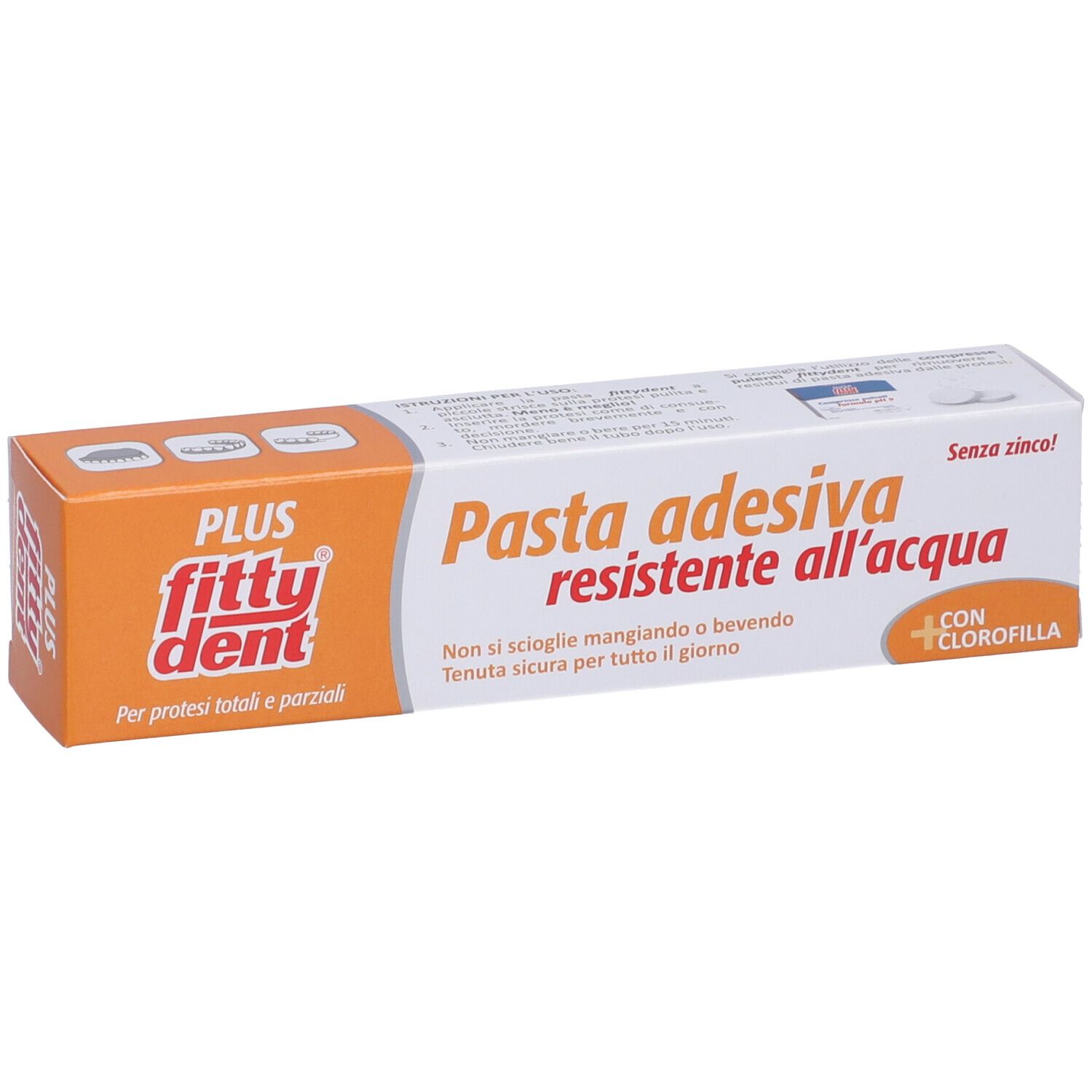 Fitty Dent Plus Pasta Adesiva per protesi. Confezione arancione e bianca. Testo: Pasta adesiva resistente all'acqua. Con Clorofilla. Senza zinco!