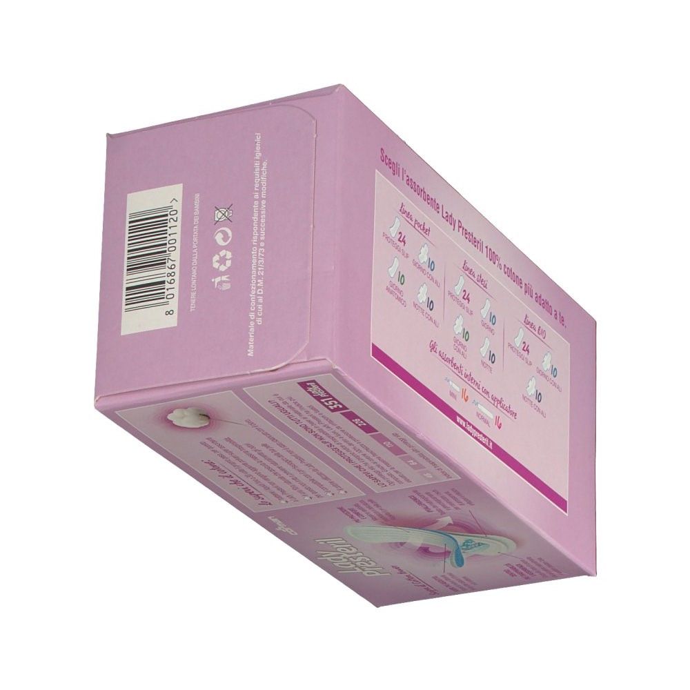 Confezione Lady Presteril Cotton Power. Scatola rosa con immagine prodotto e testo. 24 slip. Vista obliqua.