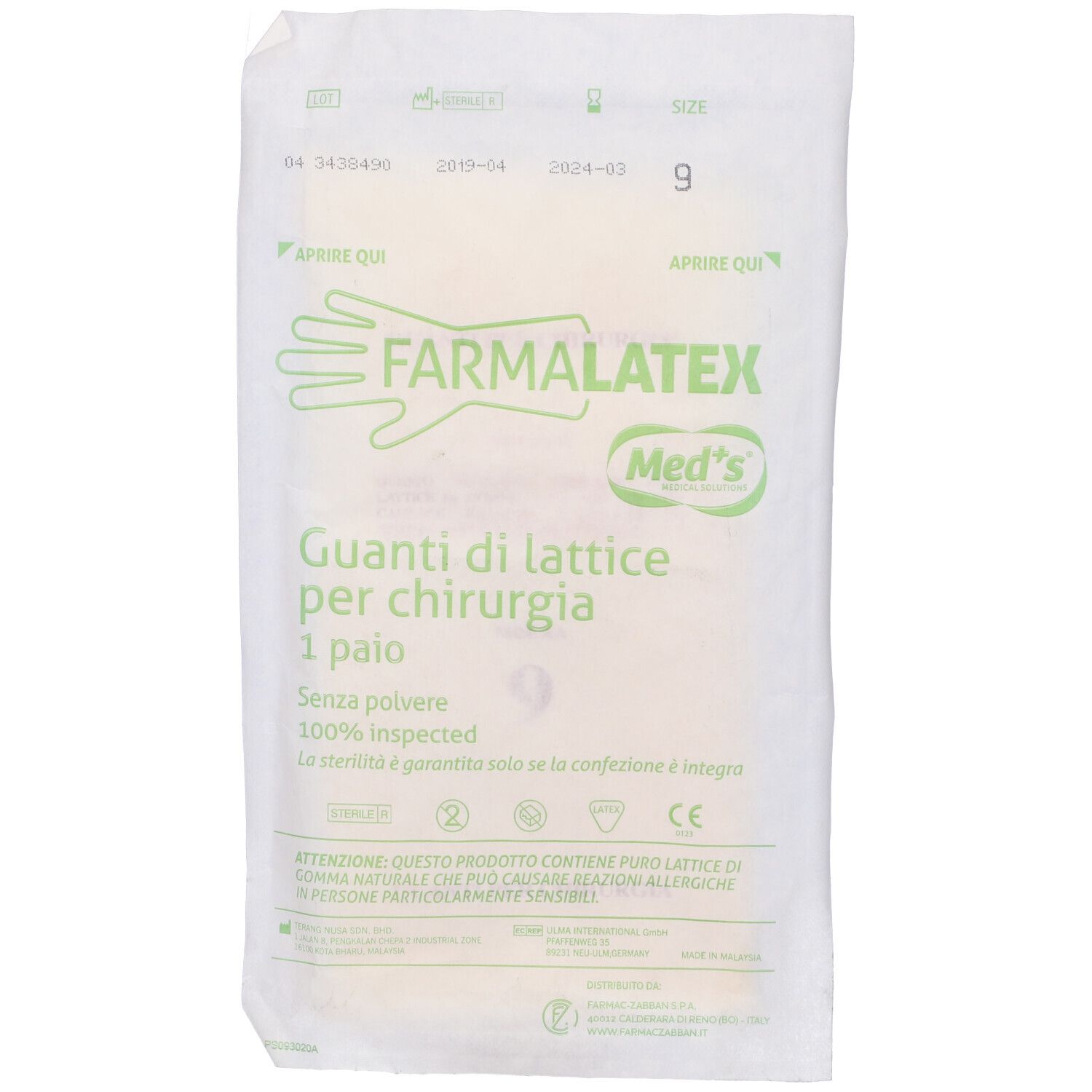 Confezione di guanti chirurgici in lattice, taglia 9. Marchio: Farmalatex Med's.