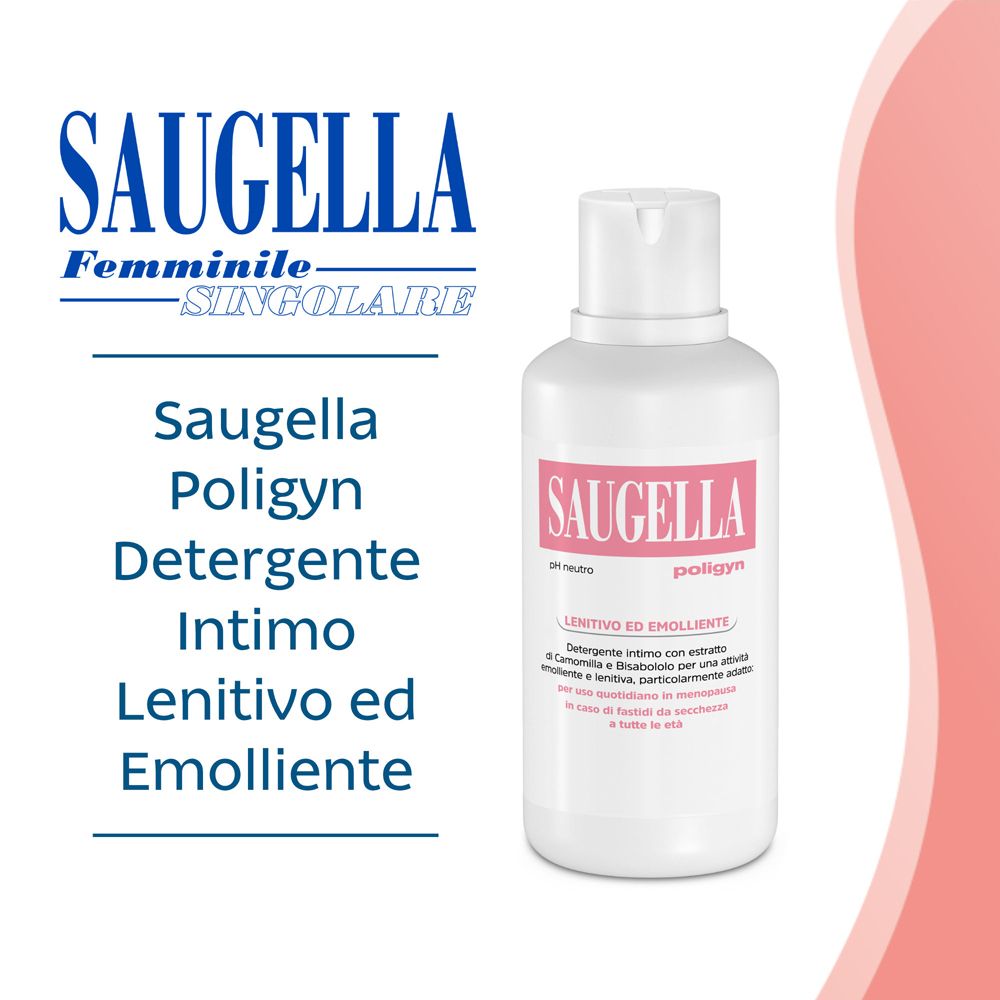 Flacone bianco con etichetta rossa. Scritta: Saugella poligyn. Prodotto per l'igiene intima. Logo: Saugella Femminile-Singolare.