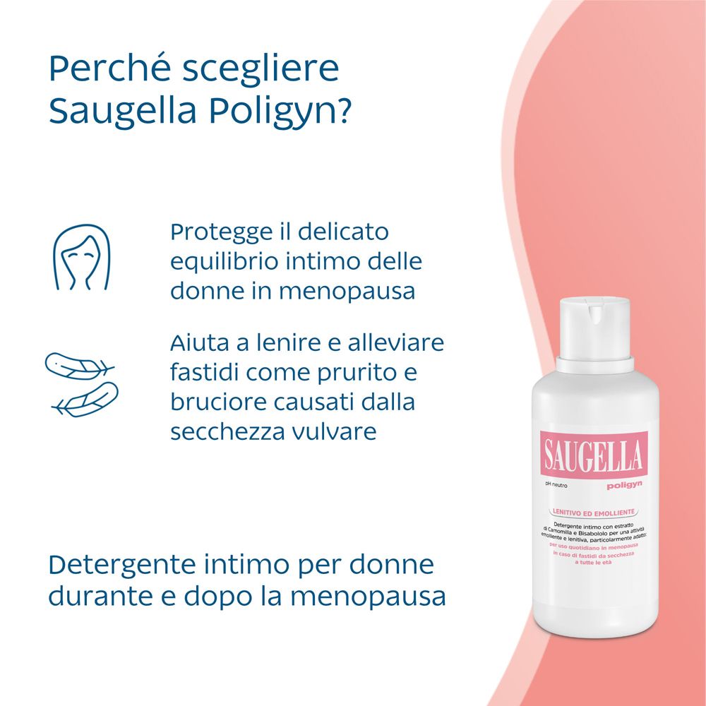 Grafica con flacone Saugella poligyn. Testo: Perché scegliere Saugella Poligyn? Per le donne in menopausa.