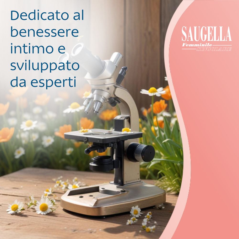 Microscopio su un tavolo di legno con margherite. Testo: Dedicato al benessere intimo e sviluppato da esperti.