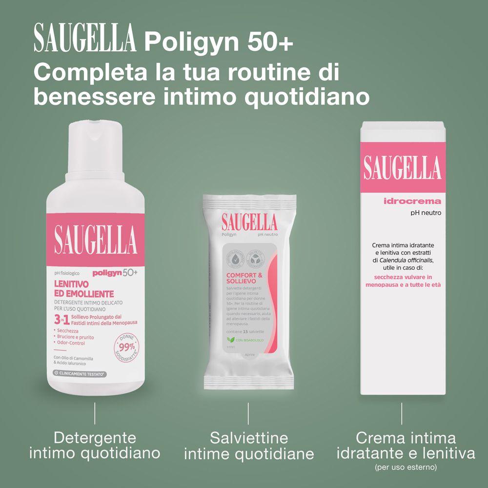 Tre prodotti: Saugella poligyn 50+, salviettine e crema. Testo: Completa la tua routine di benessere intimo quotidiano.