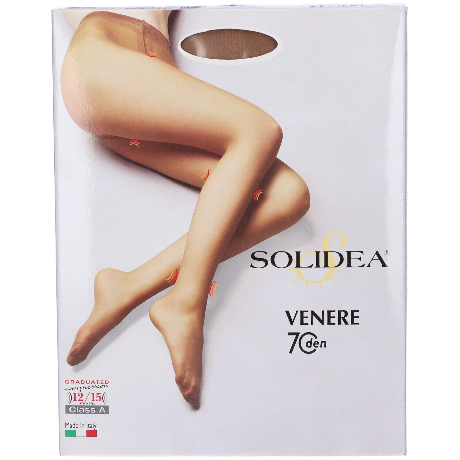 Confezione con collant. Marchio Solidea, modello Venere 70 den. Taglia 5XXL. Compressione graduata 12/15 Classe A. Made in Italy. Sfondo bianco.