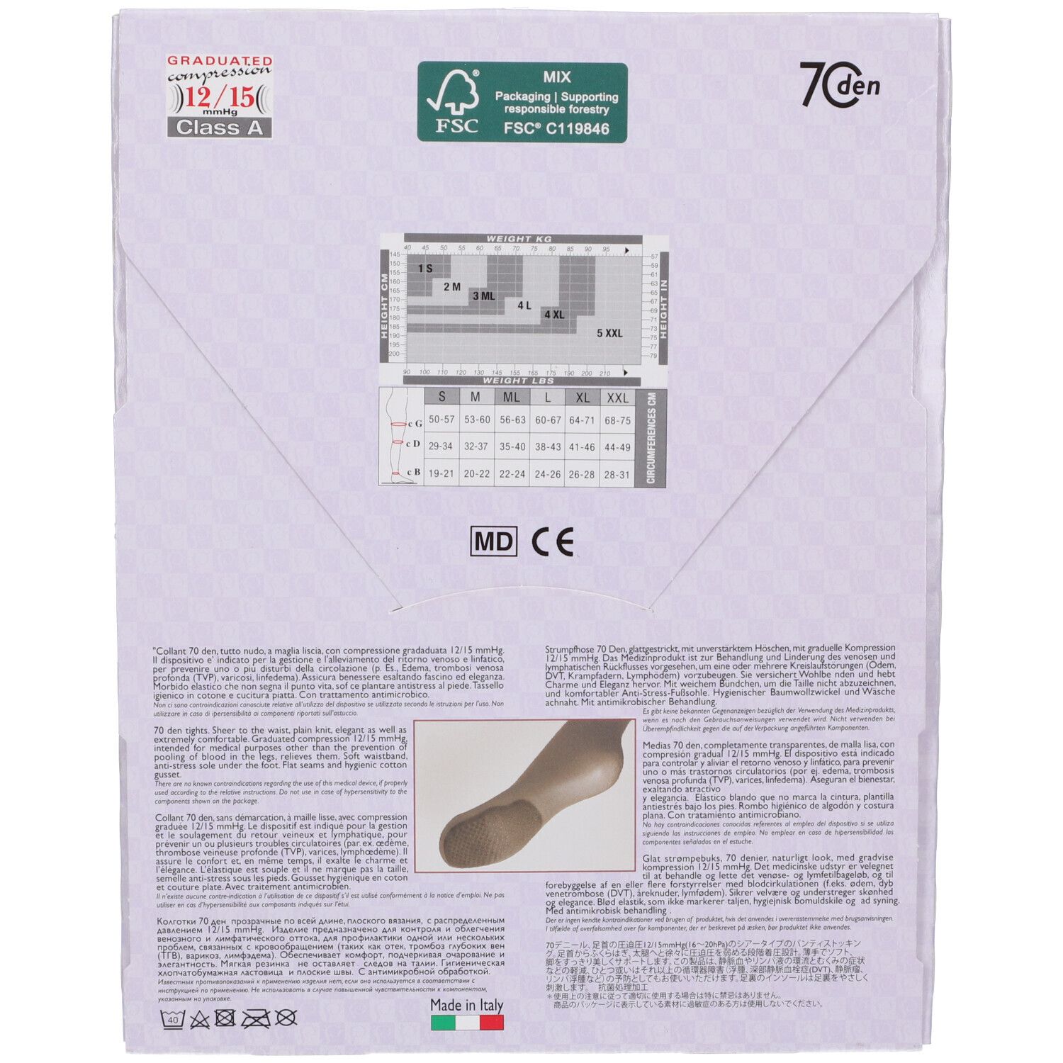 Retro della confezione. Informazioni sulle taglie, informazioni sul prodotto, certificazione FSC, marchio CE. Made in Italy. Modello Venere 70 den.