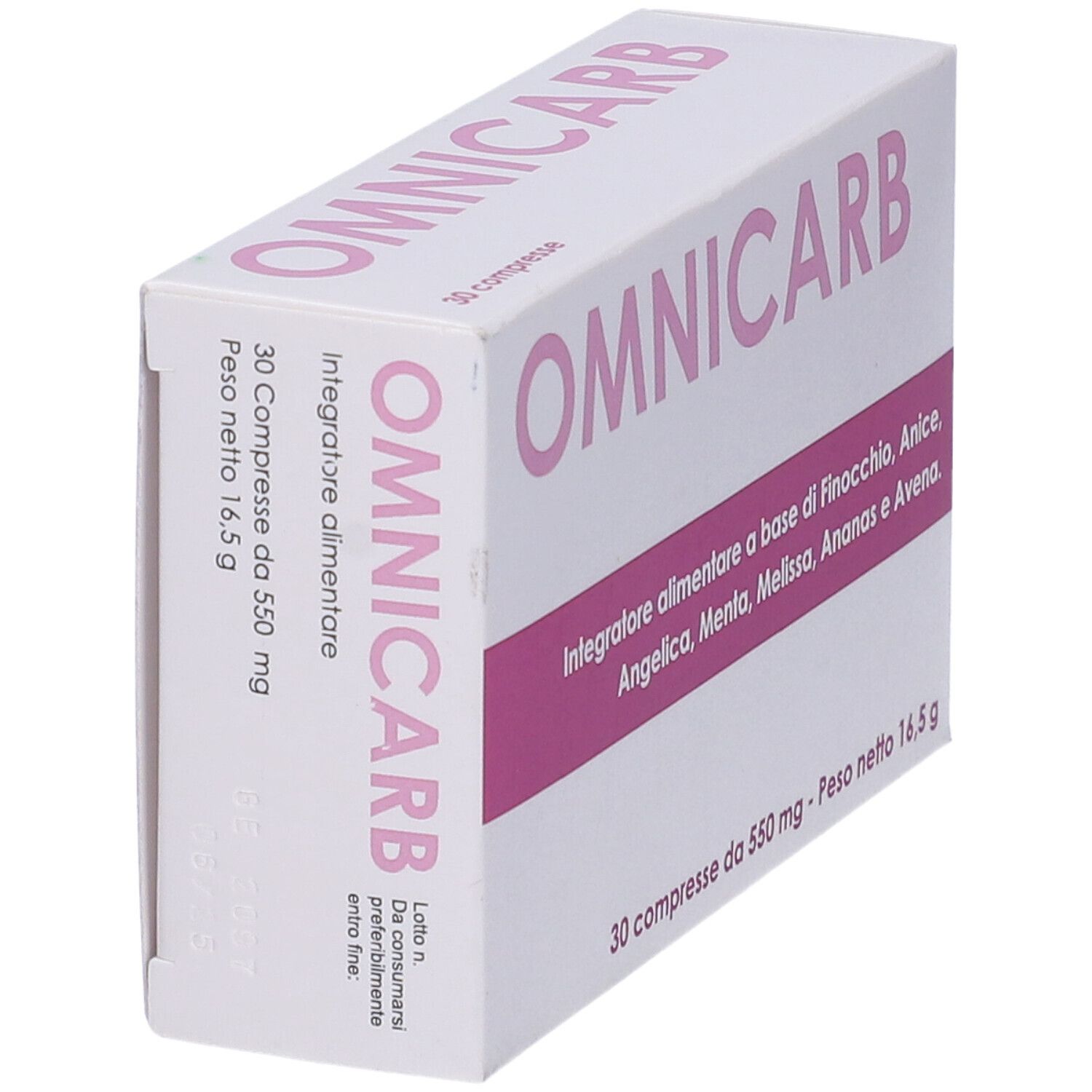 Scatola bianca, angolata. Logo OMNICARB. Testo: 30 compresse. Ingredienti: Finocchio, Anice, Angelica, Menta, Melissa, Ananas, Avena. Peso: 16,5 g.