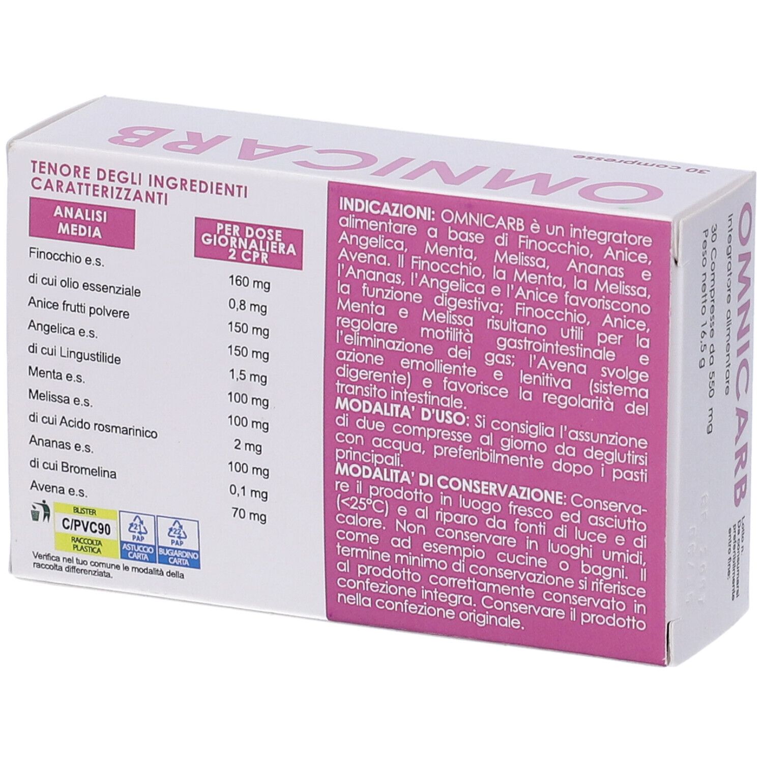 Retro della scatola OMNICARB. Analisi degli ingredienti. Testo: 30 compresse. Istruzioni per l'uso e la conservazione. Prodotto in Italia.