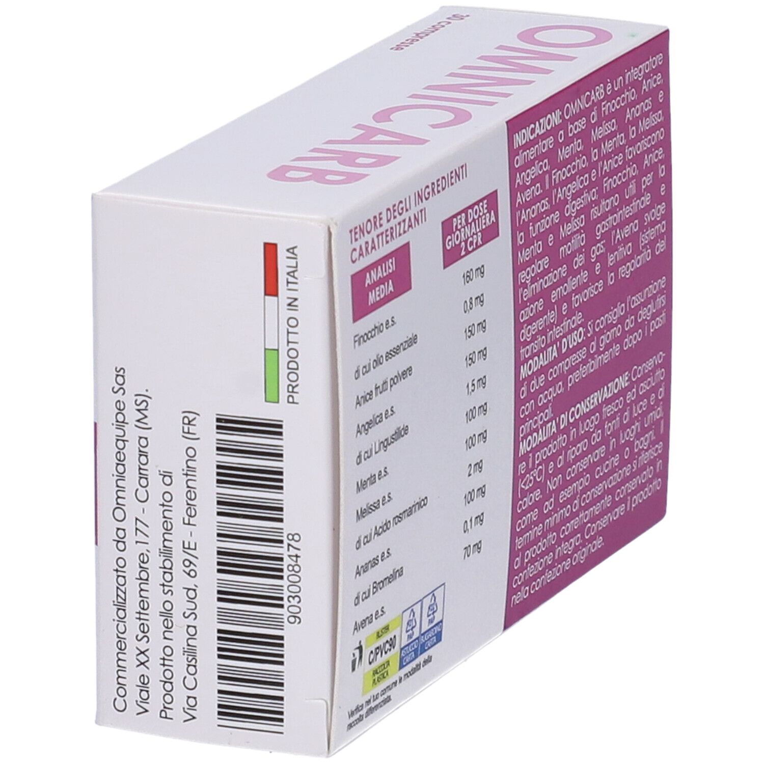 Retro scatola. Logo OMNICARB. Analisi ingredienti. Testo: 30 compresse. Prodotto in Italia. Istruzioni per l'uso e conservazione.