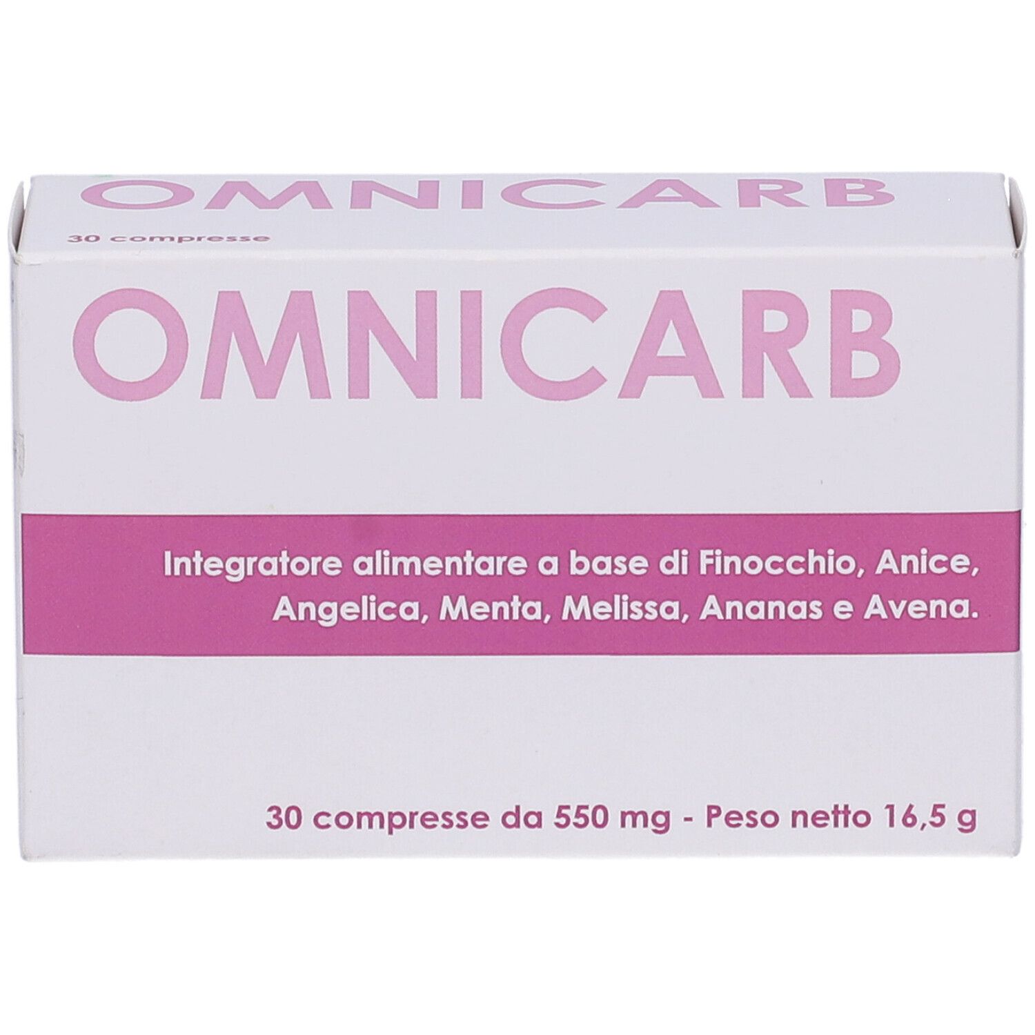 Scatola bianca con fascia rosa. Logo OMNICARB. Testo: 30 compresse. Ingredienti: Finocchio, Anice, Angelica, Menta, Melissa, Ananas, Avena.