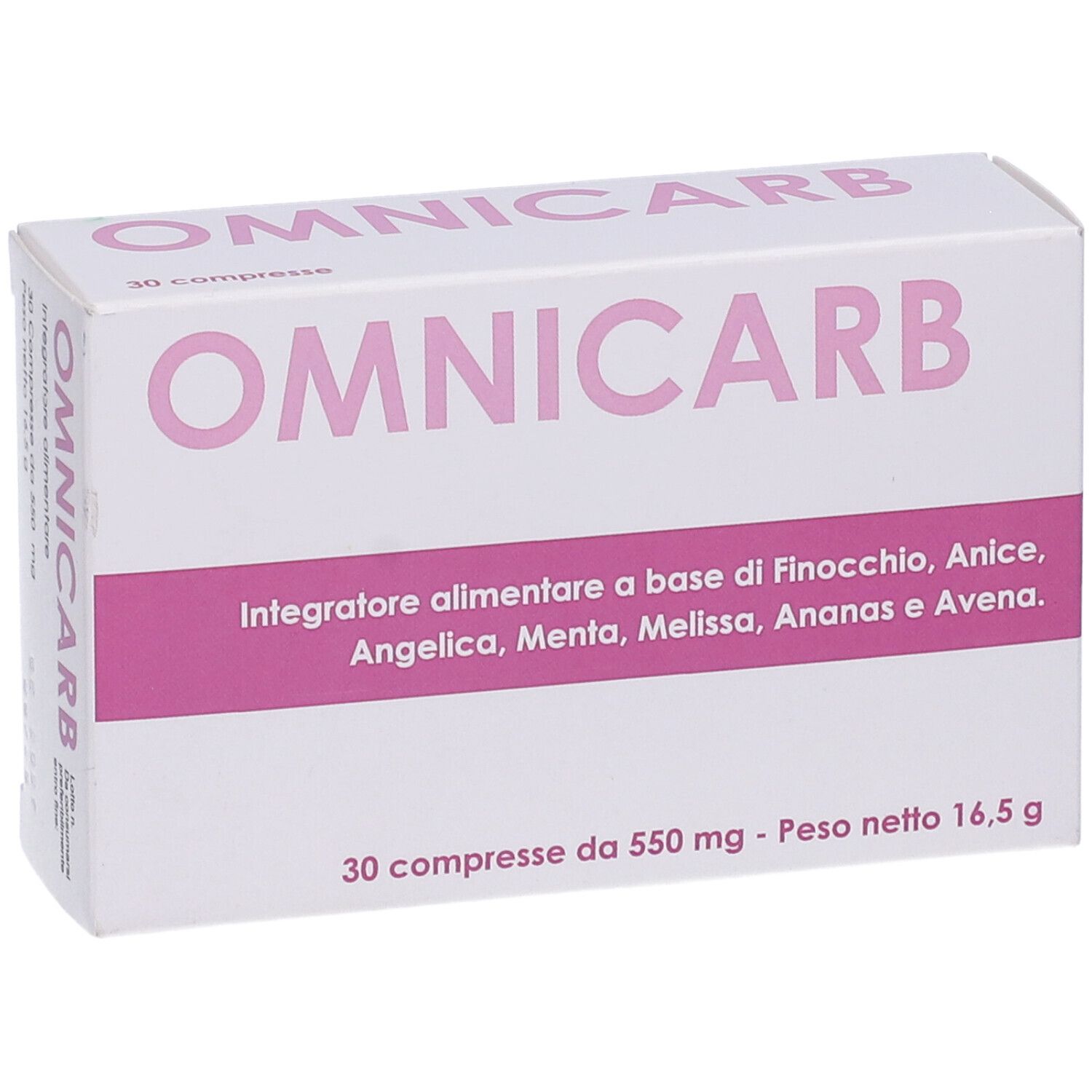 Scatola bianca con fascia rosa. Logo OMNICARB. Testo: 30 compresse. Ingredienti: Finocchio, Anice, Angelica, Menta, Melissa, Ananas, Avena.