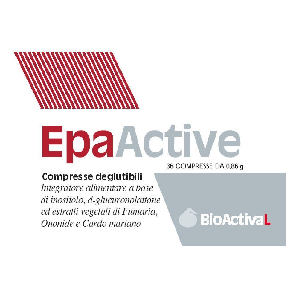 Confezione EpaActive. 36 compresse. Testo e logo. Logo BioActivaL.