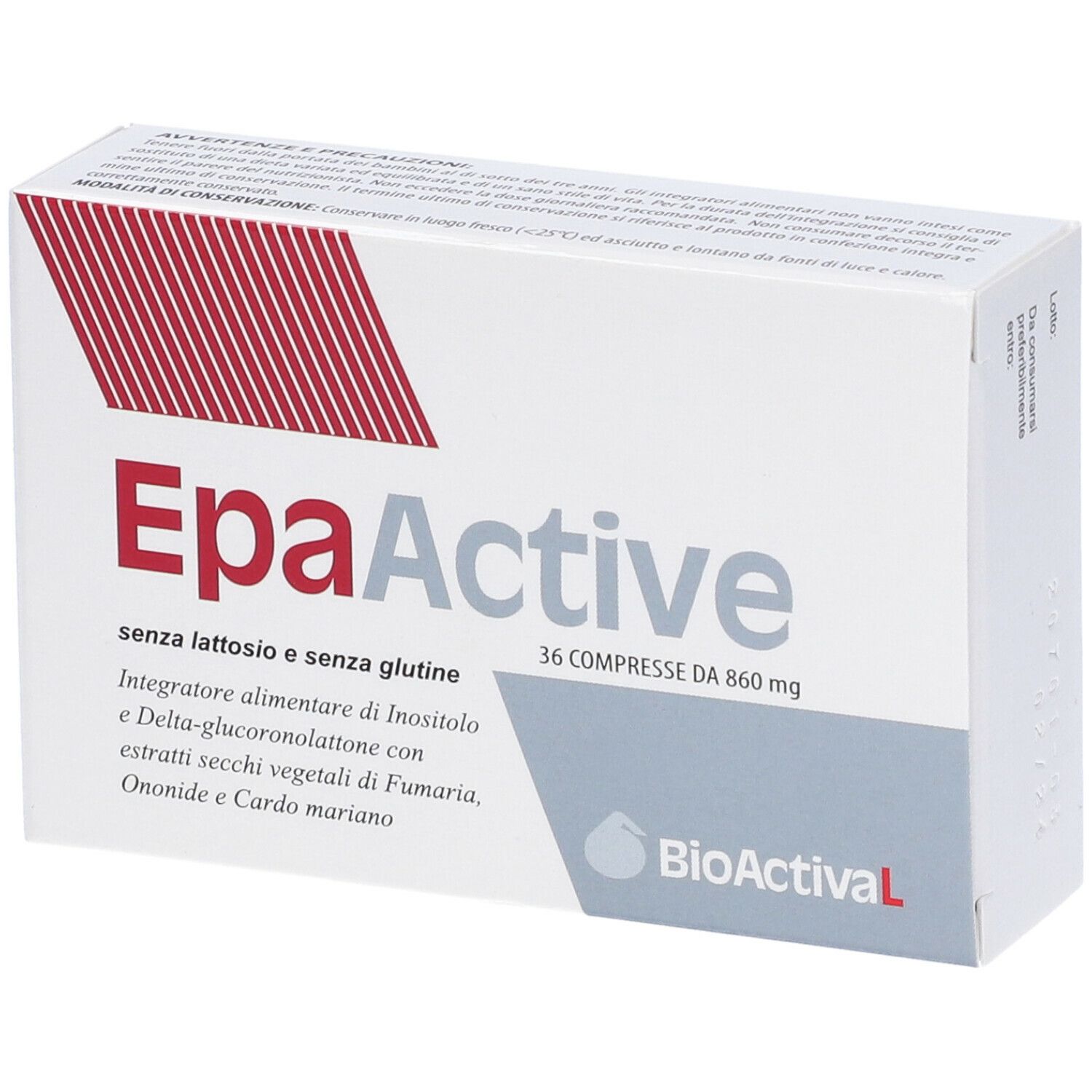 Scatola EpaActive. 36 compresse. Testo e logo. Logo BioActivaL.