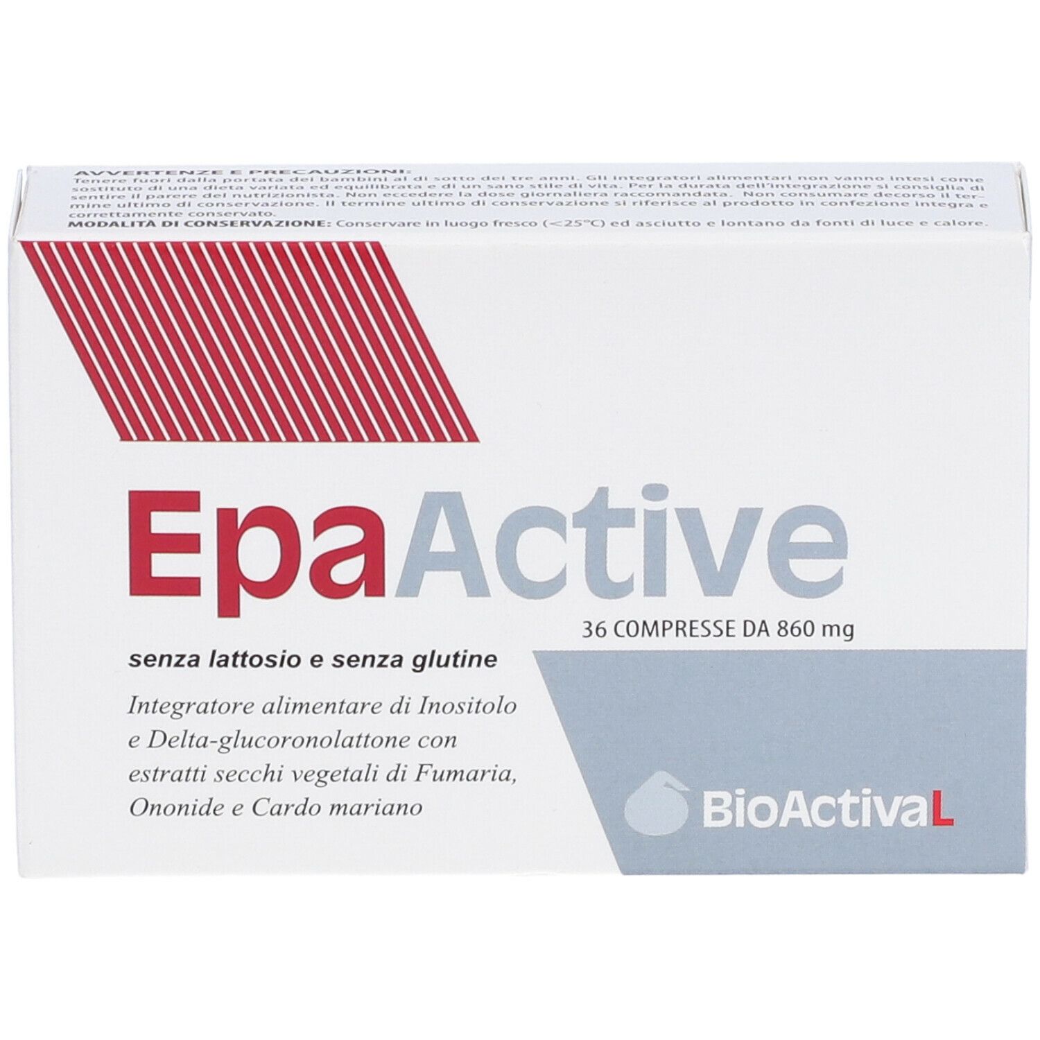 Scatola EpaActive. 36 compresse. Testo e logo. Logo BioActivaL.