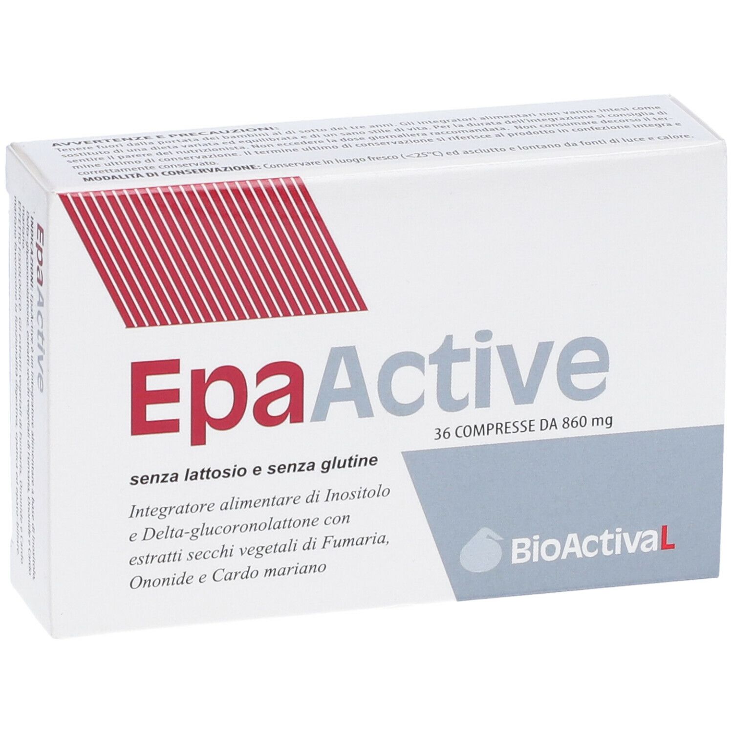 Scatola EpaActive. 36 compresse. Testo e logo. Logo BioActivaL.
