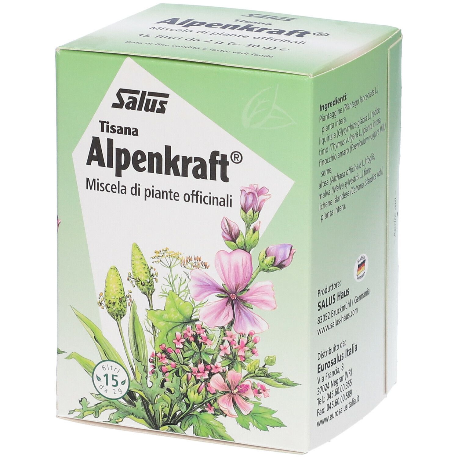 Scatola verde Alpenkraft Tisana. Scritto: Salus, Alpenkraft, miscela di piante officinali. Illustrazione e 15 filtri.