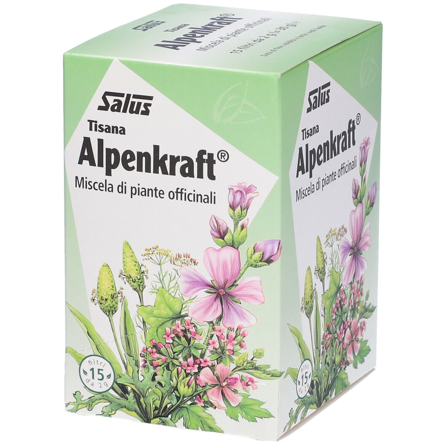 Scatola verde Alpenkraft Tisana. Scritto: Salus, Alpenkraft, miscela di piante officinali. Illustrazione e 15 filtri.