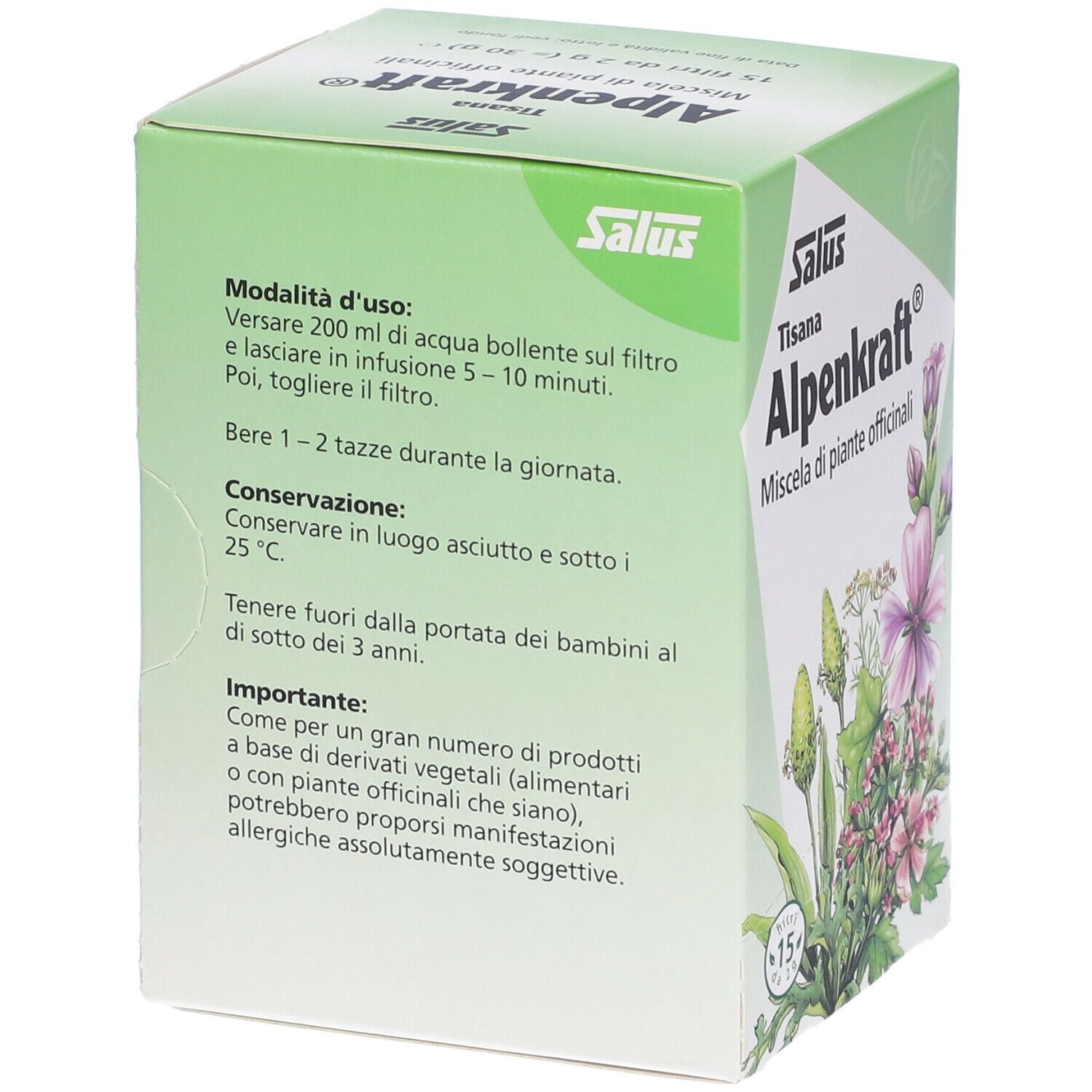 Scatola verde Alpenkraft Tisana. Scritto: Salus, Alpenkraft, miscela di piante officinali. Retro con istruzioni per l'uso.