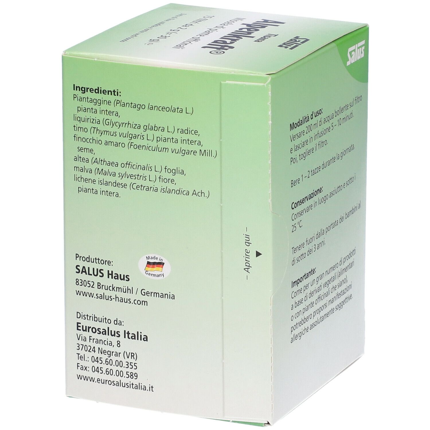 Scatola verde Alpenkraft Tisana. Scritto: Salus, Alpenkraft, miscela di piante officinali. Retro con ingredienti.