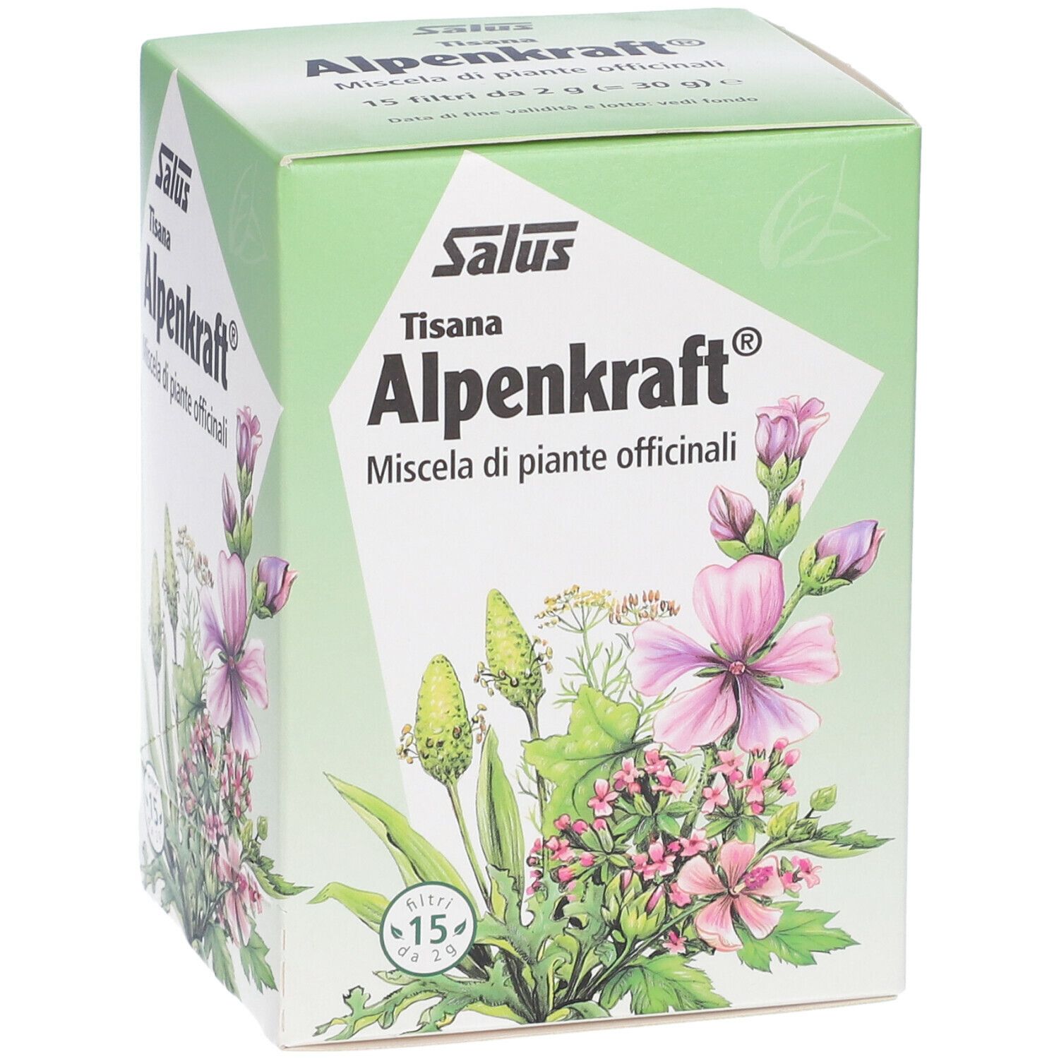 Scatola verde Alpenkraft Tisana. Scritto: Salus, Alpenkraft, miscela di piante officinali. Illustrazione e 15 filtri.