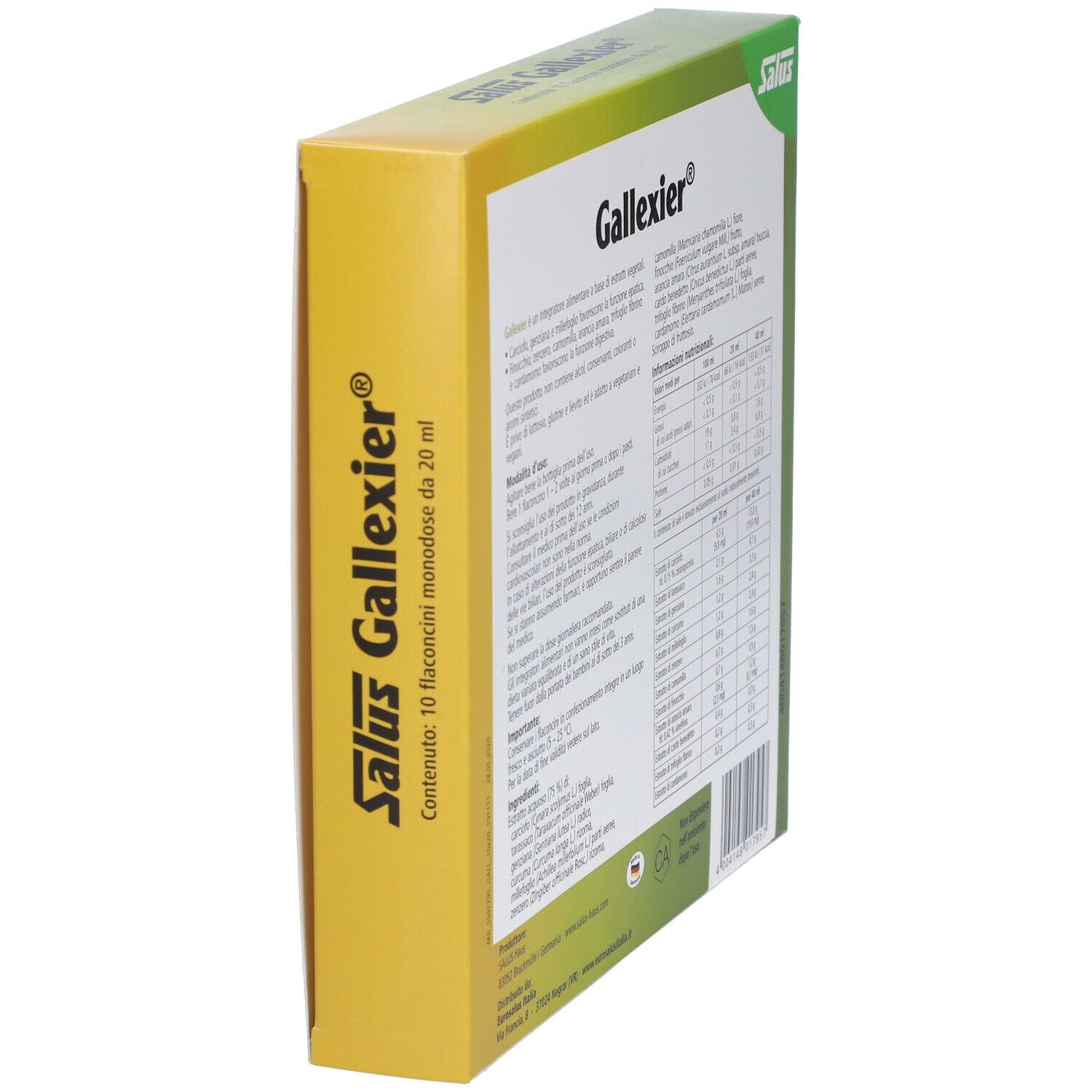 Confezione Salus Gallexier, prospettiva diagonale. Scatola gialla con nome e dettagli del prodotto. 10 flaconcini.