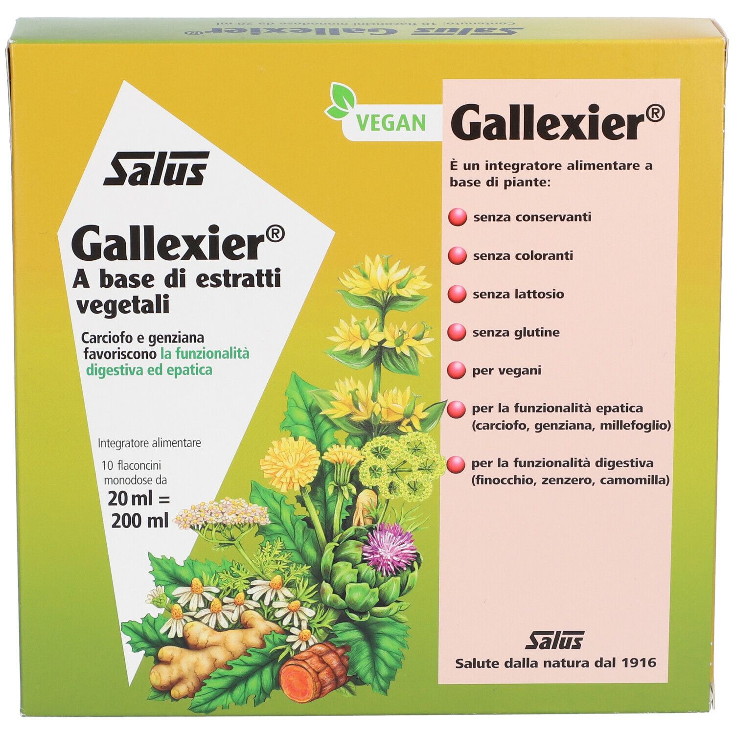Confezione Salus Gallexier, vista frontale. Scatola verde-gialla con nome, ingredienti e sigillo vegano.