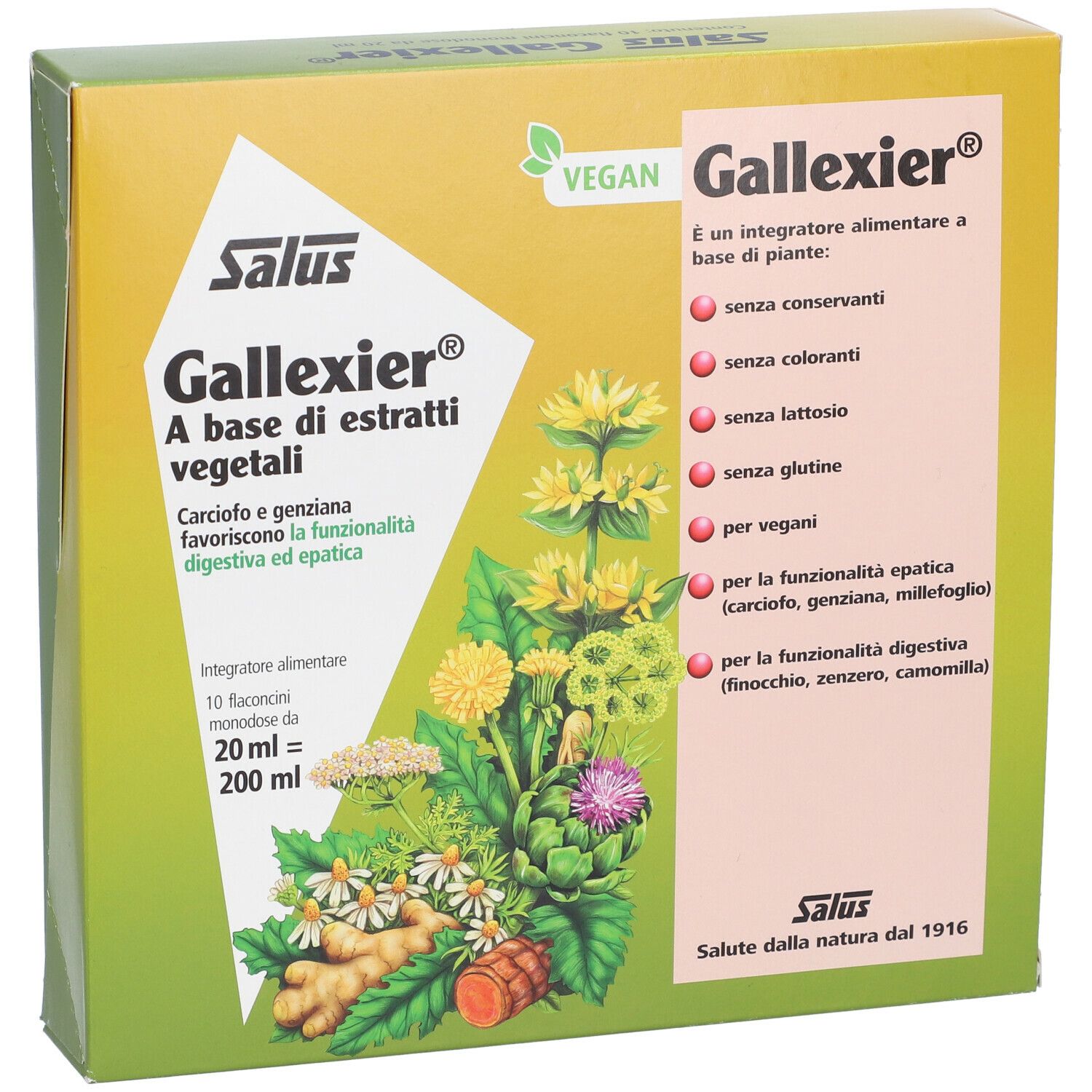 Confezione Salus Gallexier, vista frontale. Scatola verde-gialla con nome, ingredienti e sigillo vegano.