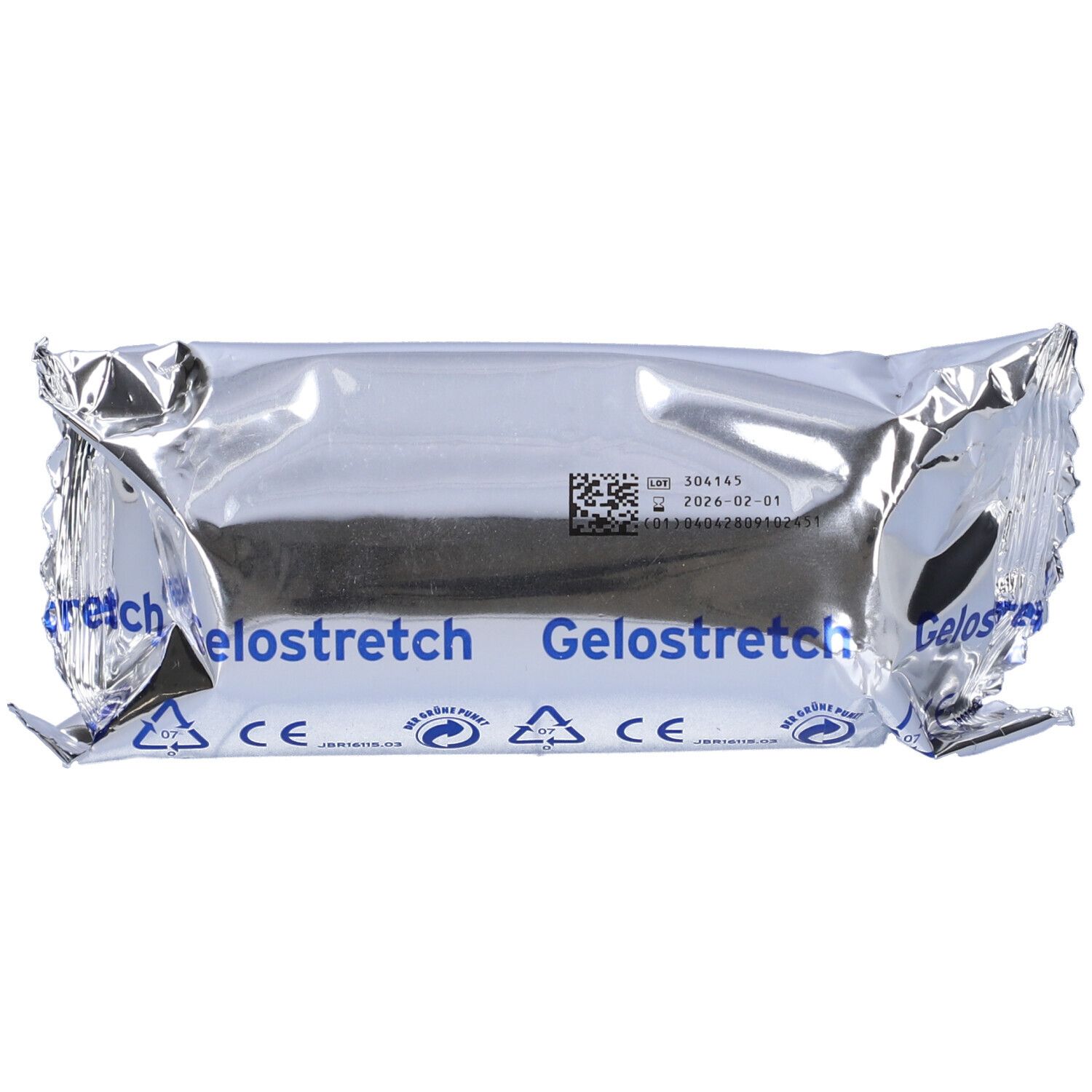 Confezione rettangolare argentata con la scritta 'Gelostretch'. Il prodotto è confezionato in pellicola. Marchio CE.