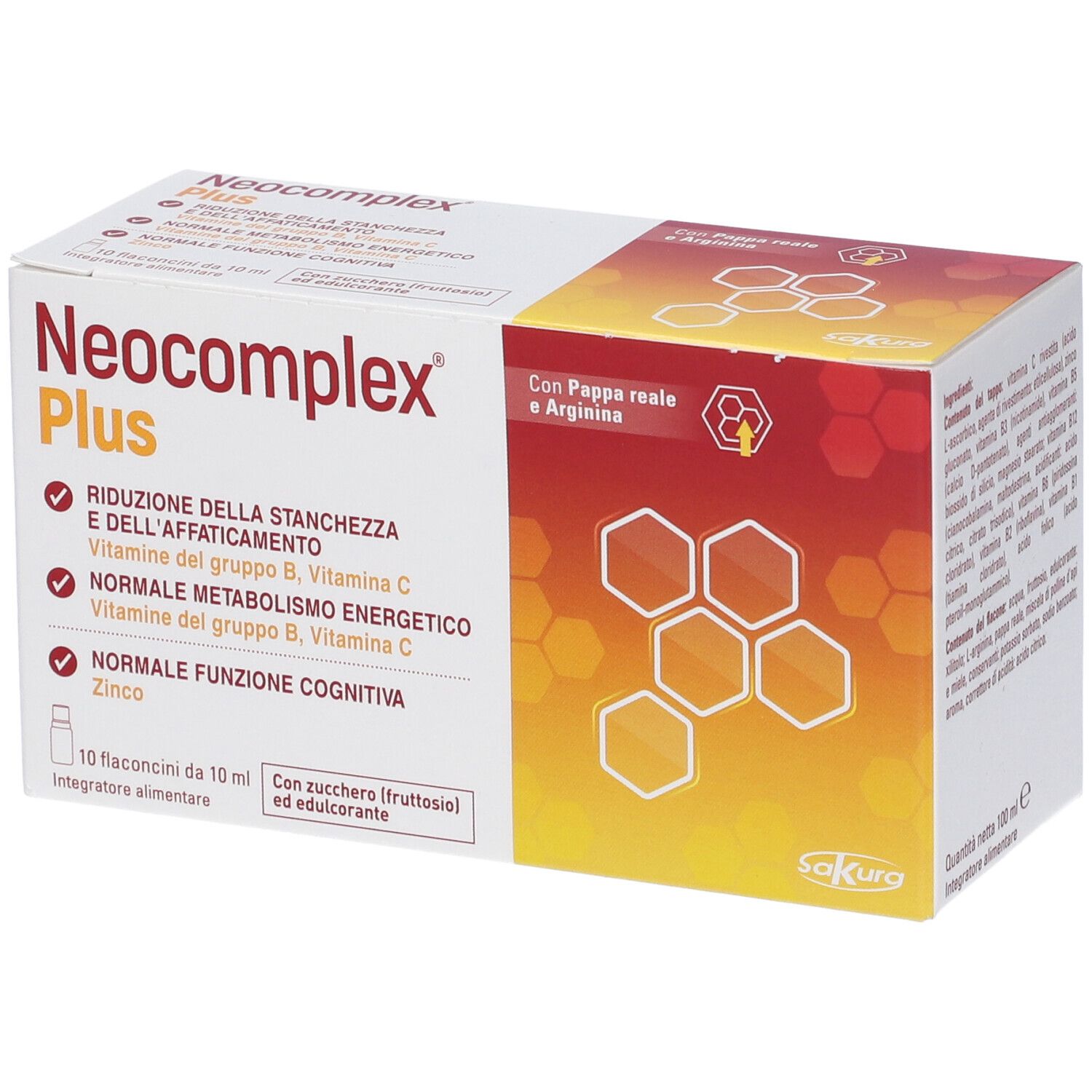 Scatola di Neocomplex Plus. Scritto: Riduzione della stanchezza, vitamine B, C. 10 flaconcini da 10 ml.