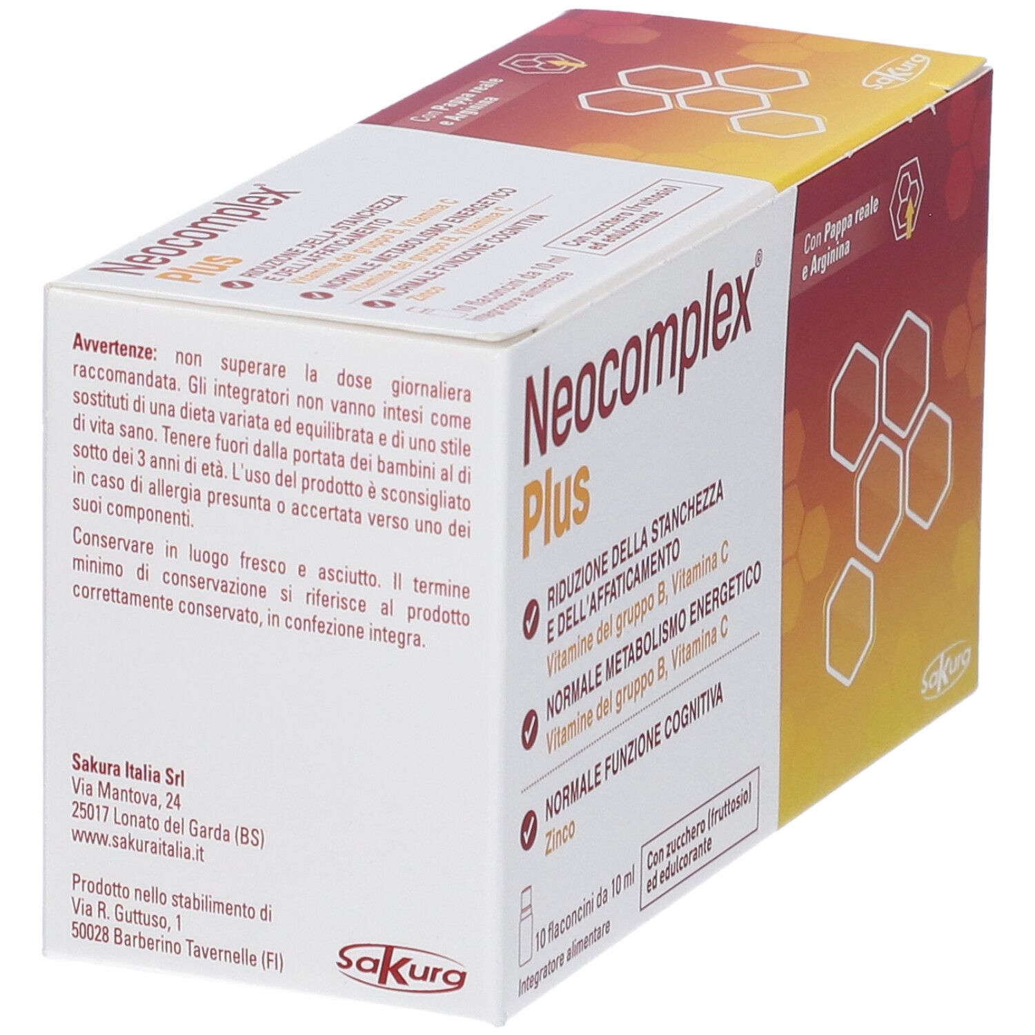 Scatola Neocomplex Plus. Testo: Riduzione della stanchezza, vitamine B, C. 10 flaconcini. Logo Sakura.