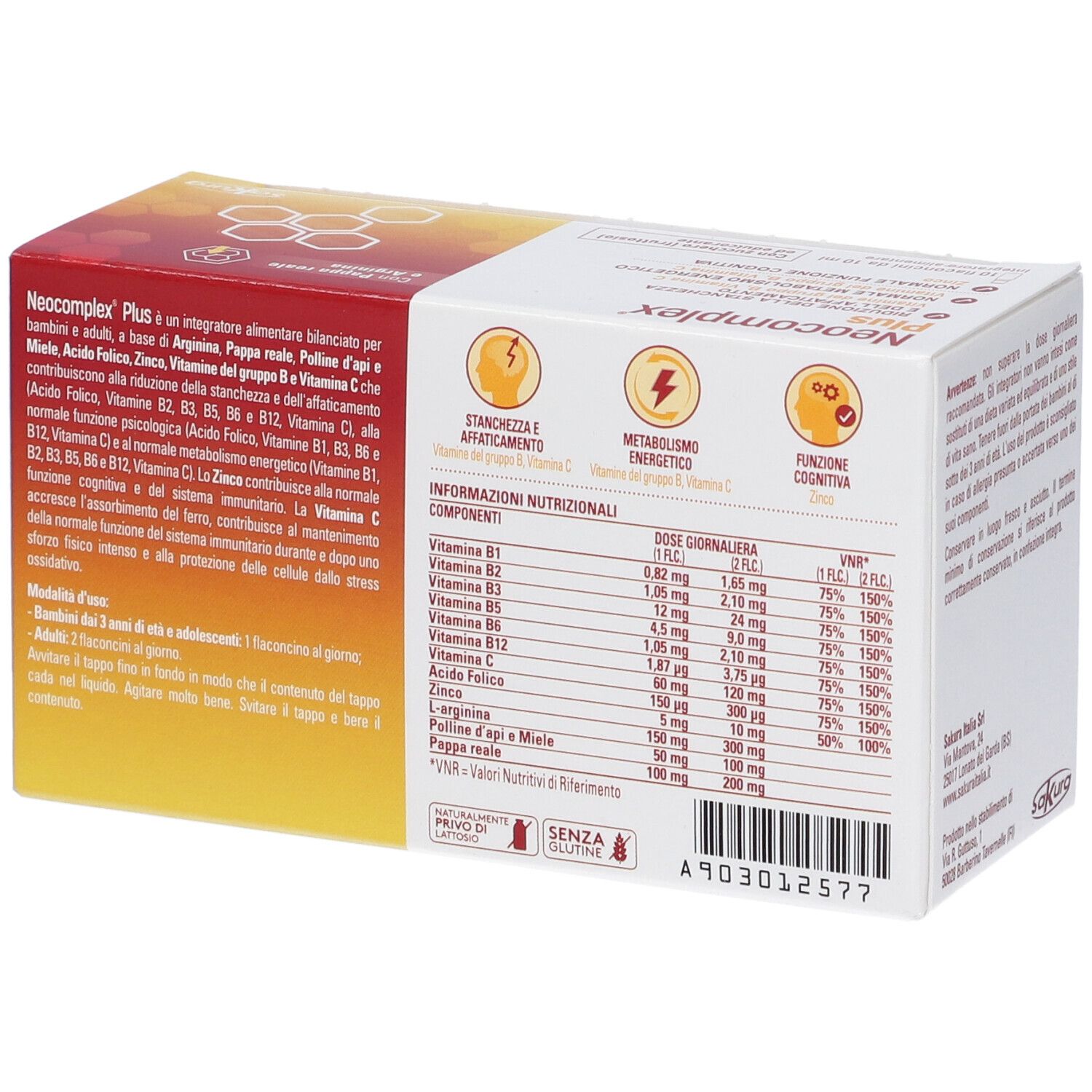 Retro della scatola Neocomplex Plus. Informazioni nutrizionali, ingredienti, istruzioni per l'uso. Logo Sakura.