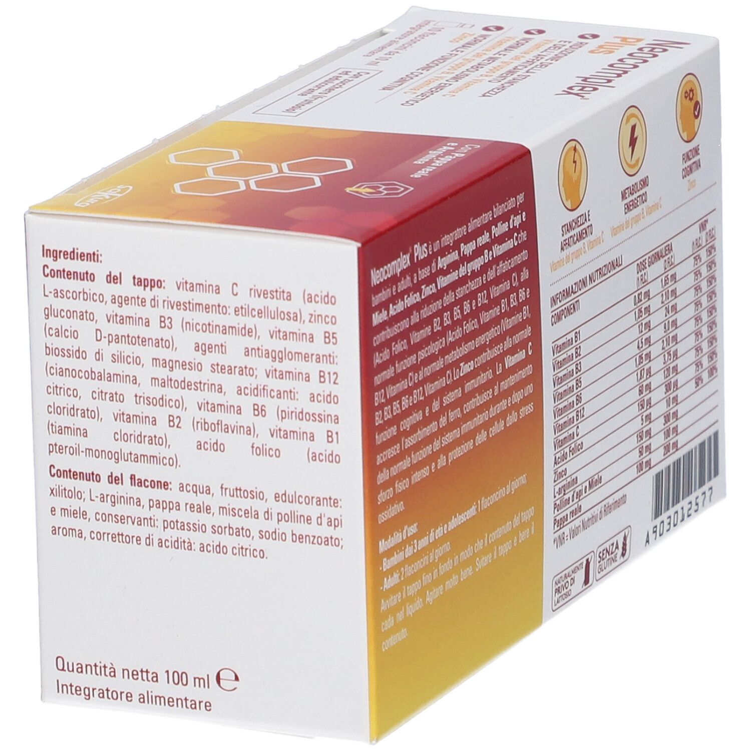 Scatola Neocomplex Plus. Ingredienti, informazioni nutrizionali, peso netto 100 ml. Logo Sakura.