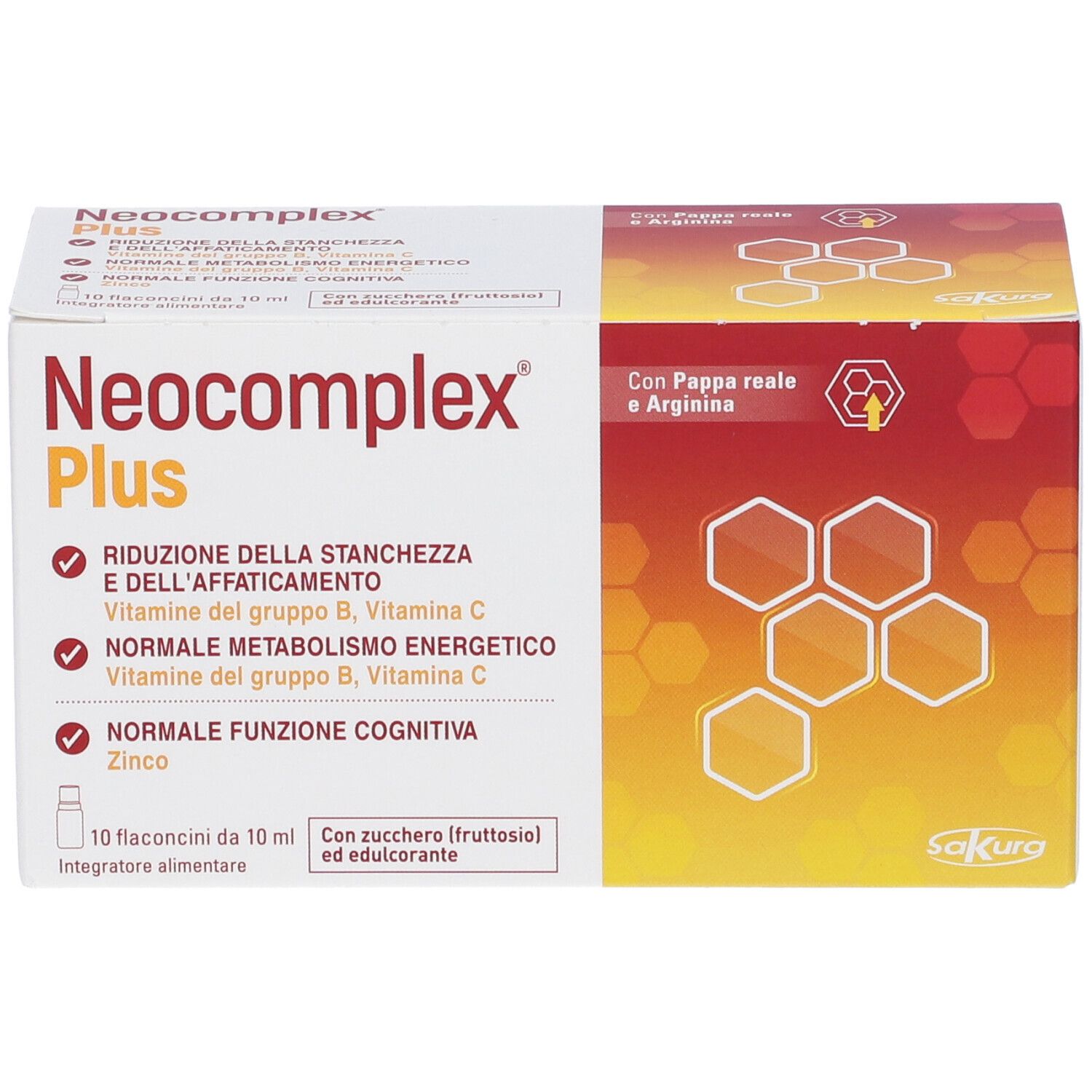 Scatola Neocomplex Plus. Scritto: Riduzione della stanchezza, vitamine B, C. 10 flaconcini. Logo Sakura.