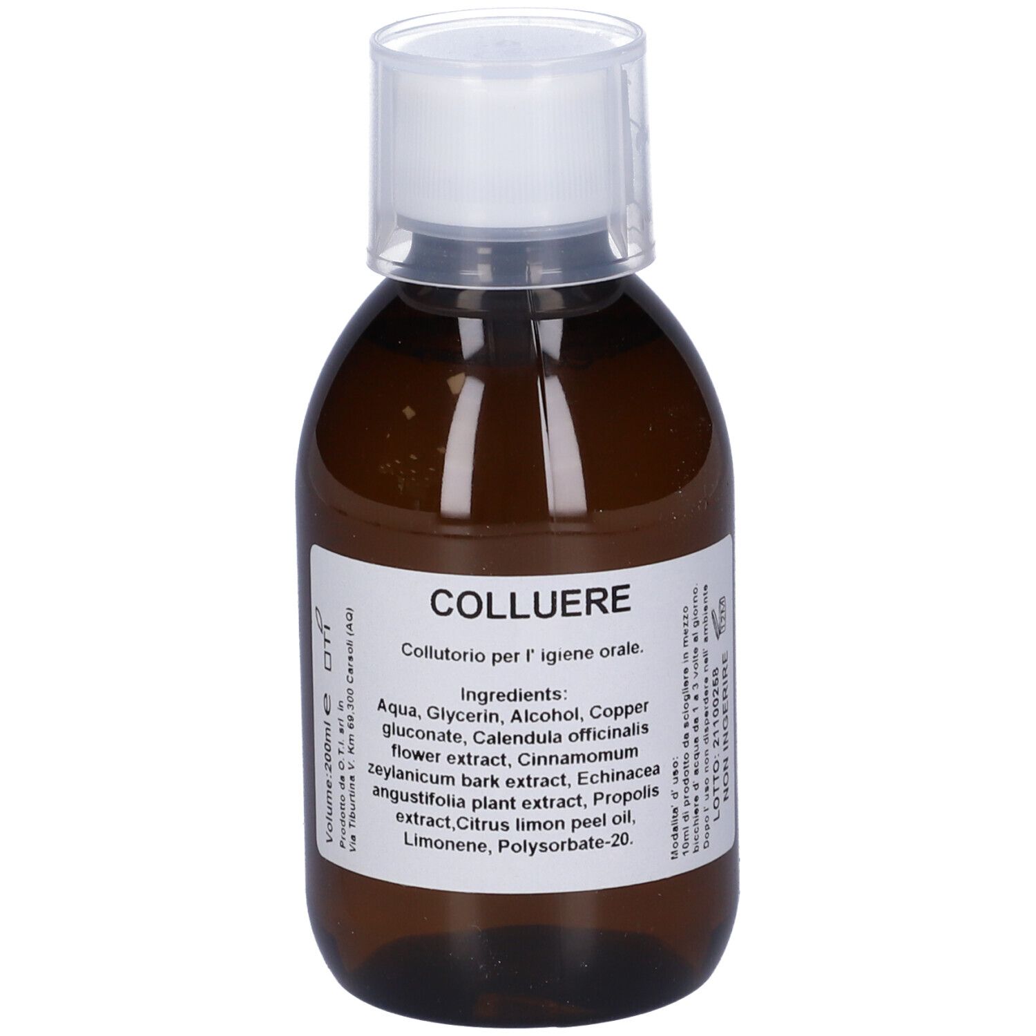 Flacone marrone con tappo bianco. Etichetta con testo: COLLUERE, ingredienti. Per l'igiene orale.
