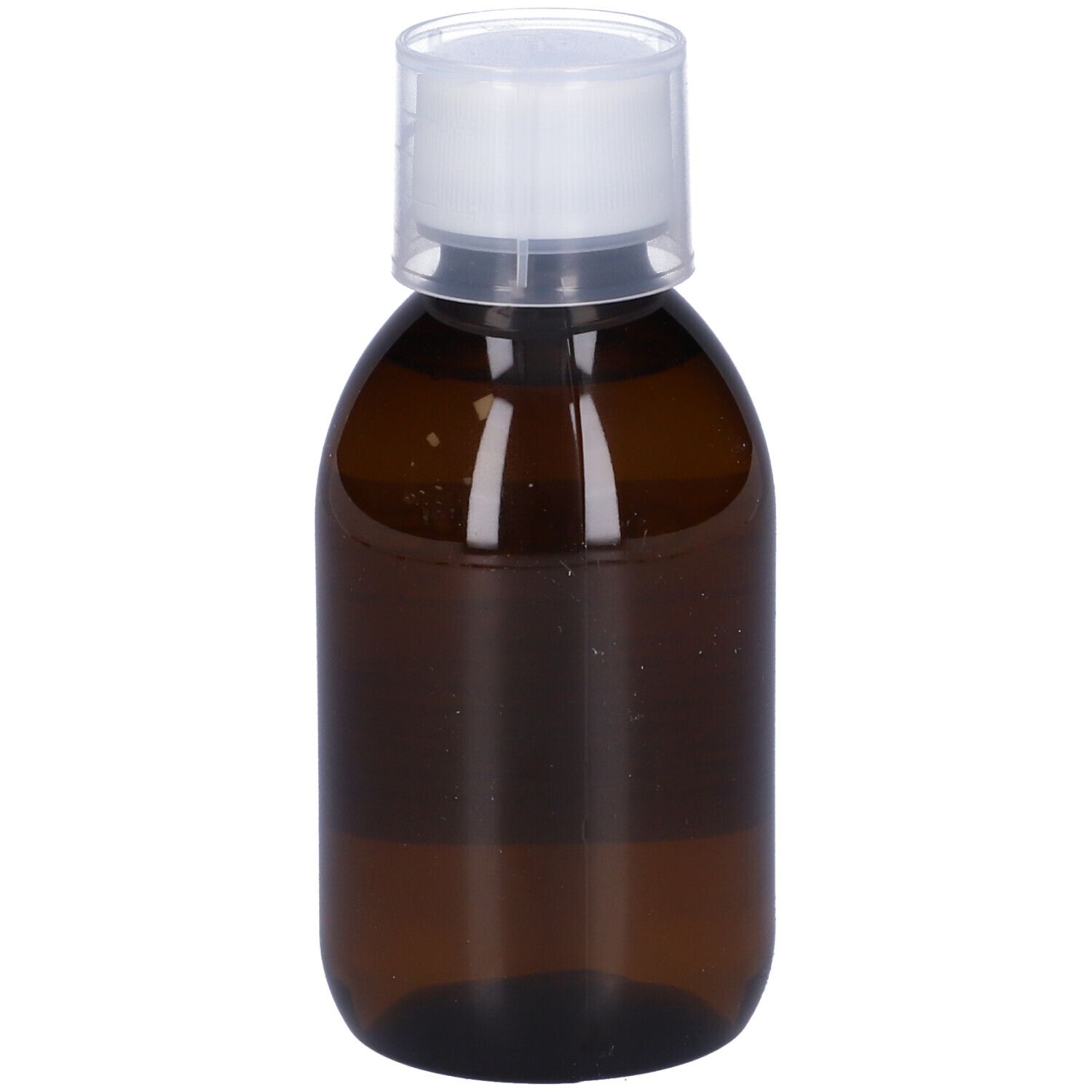 Flacone marrone con tappo bianco. Prodotto per l'igiene orale. Etichetta con testo.