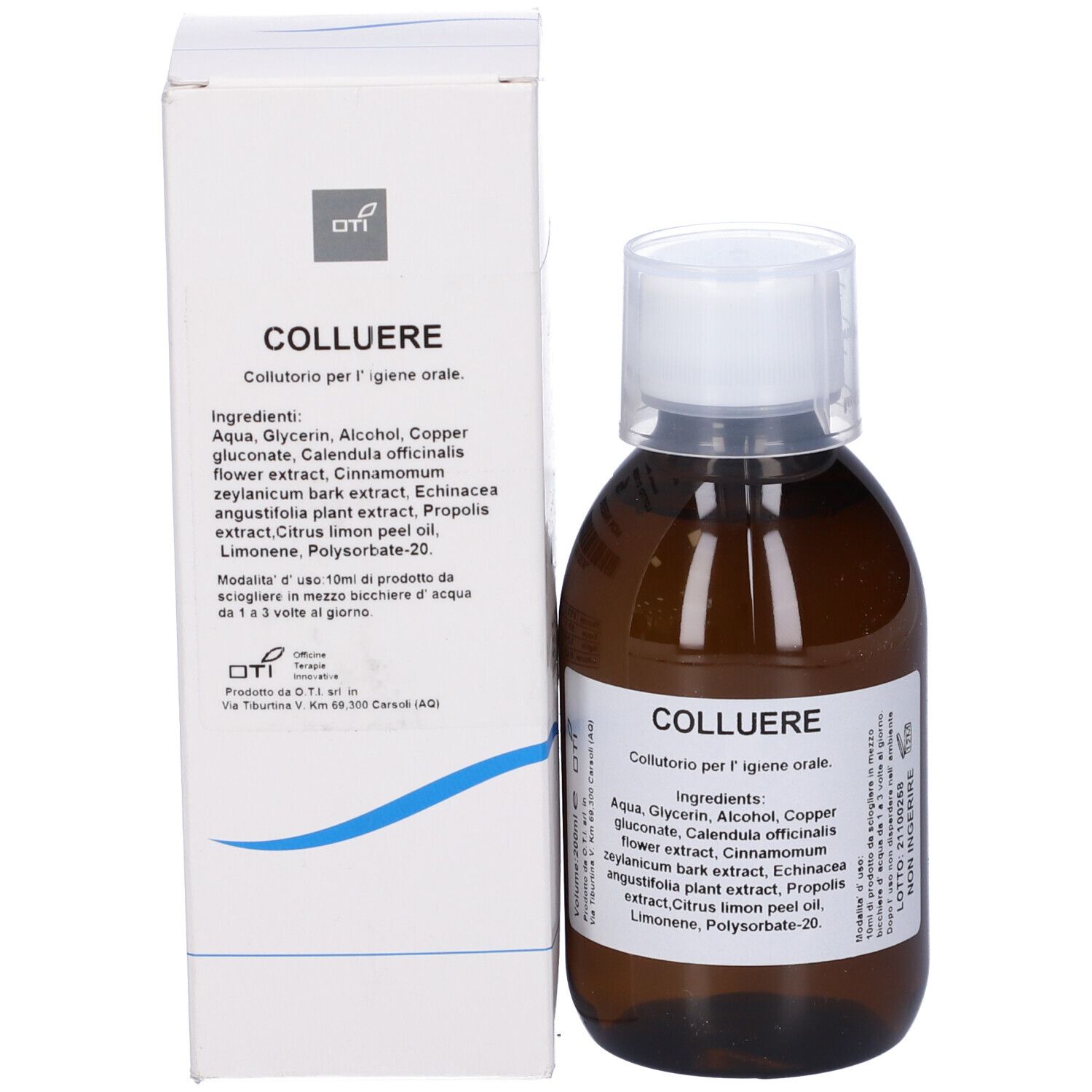 Flacone marrone con tappo bianco e scatola. Scatola con testo: COLLUERE. Per l'igiene orale.