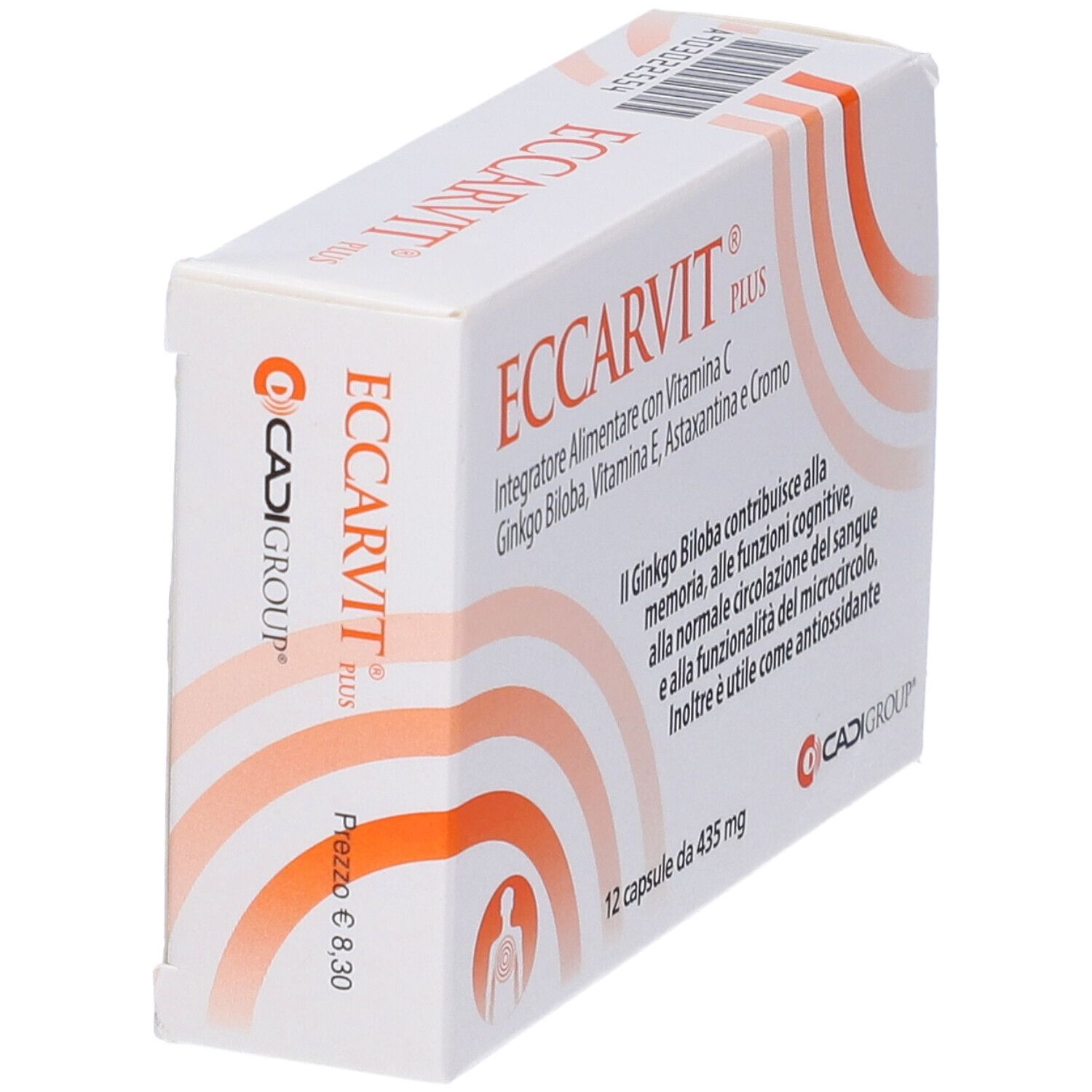Scatola bianca con scritta ECCARVIT PLUS. Contiene 12 capsule. Prezzo 8,30 €. Con vitamina C, Ginkgo Biloba, vitamina E, Astaxantina e Cromo.