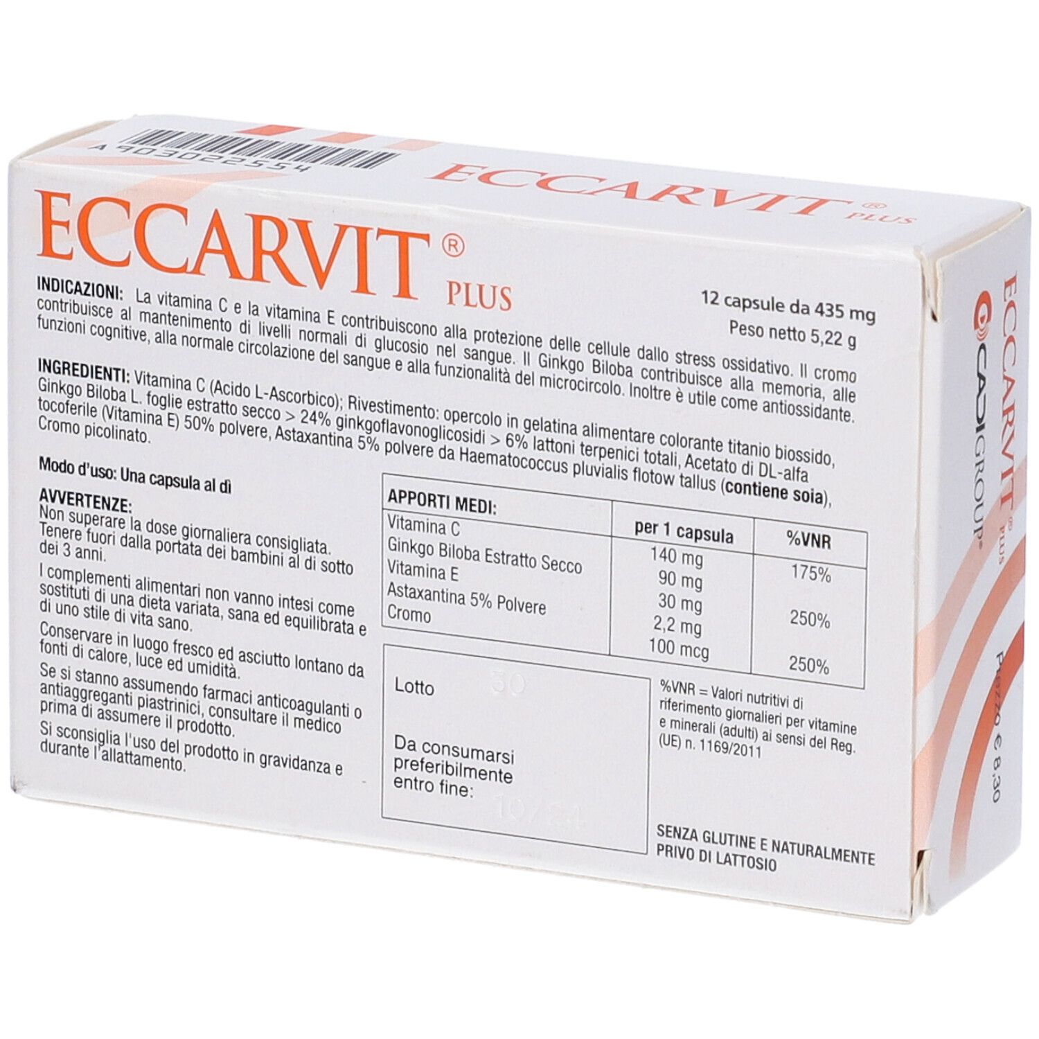 Scatola bianca con scritta ECCARVIT PLUS. Contiene 12 capsule. Ingredienti e informazioni nutrizionali. Con vitamina C, Ginkgo Biloba, vitamina E, Astaxantina e Cromo.